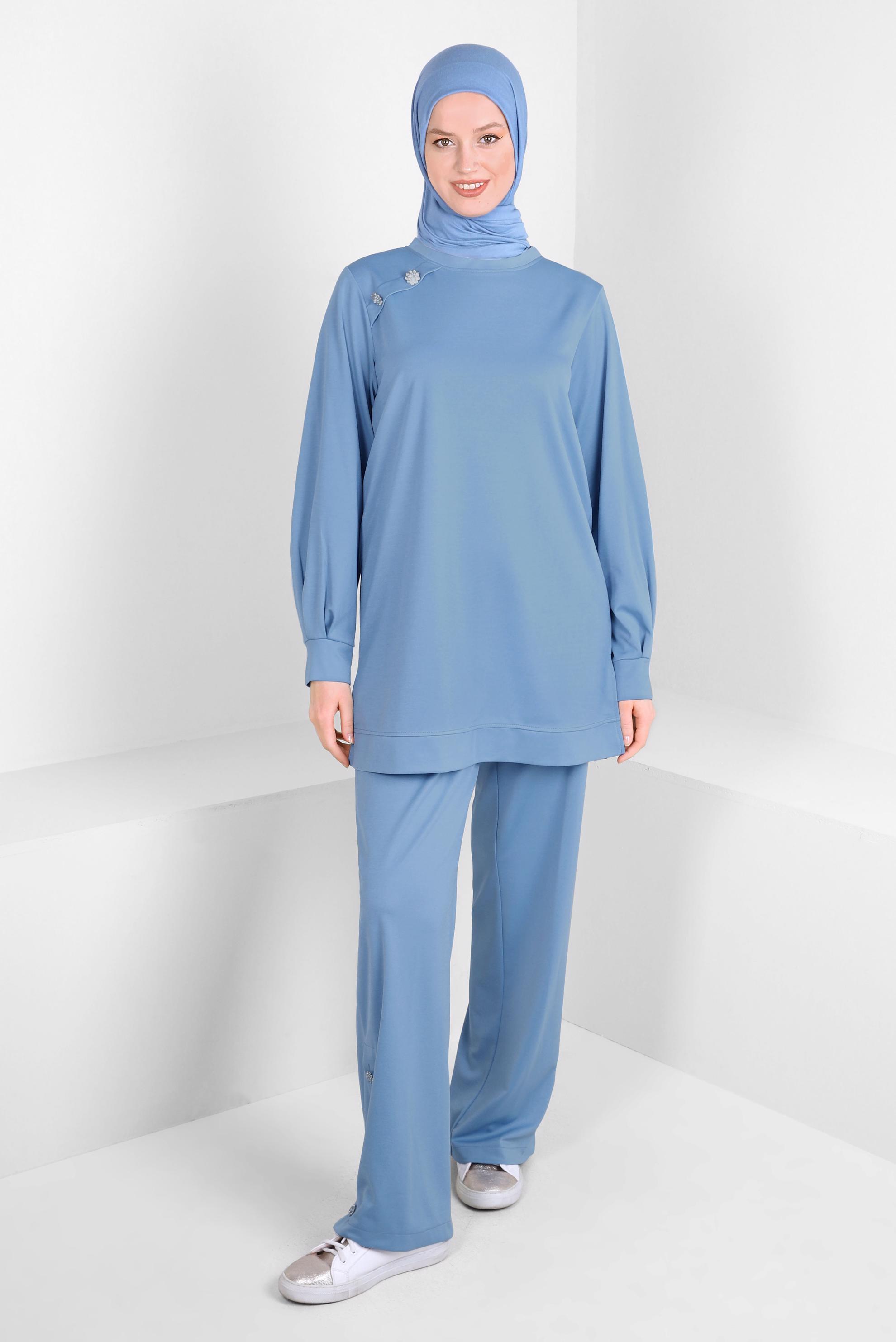 Tesettür giyim MAVİ TAŞ DETAYLI DÜĞMELİ İKİLİ PANTOLONLU TAKIM 43727