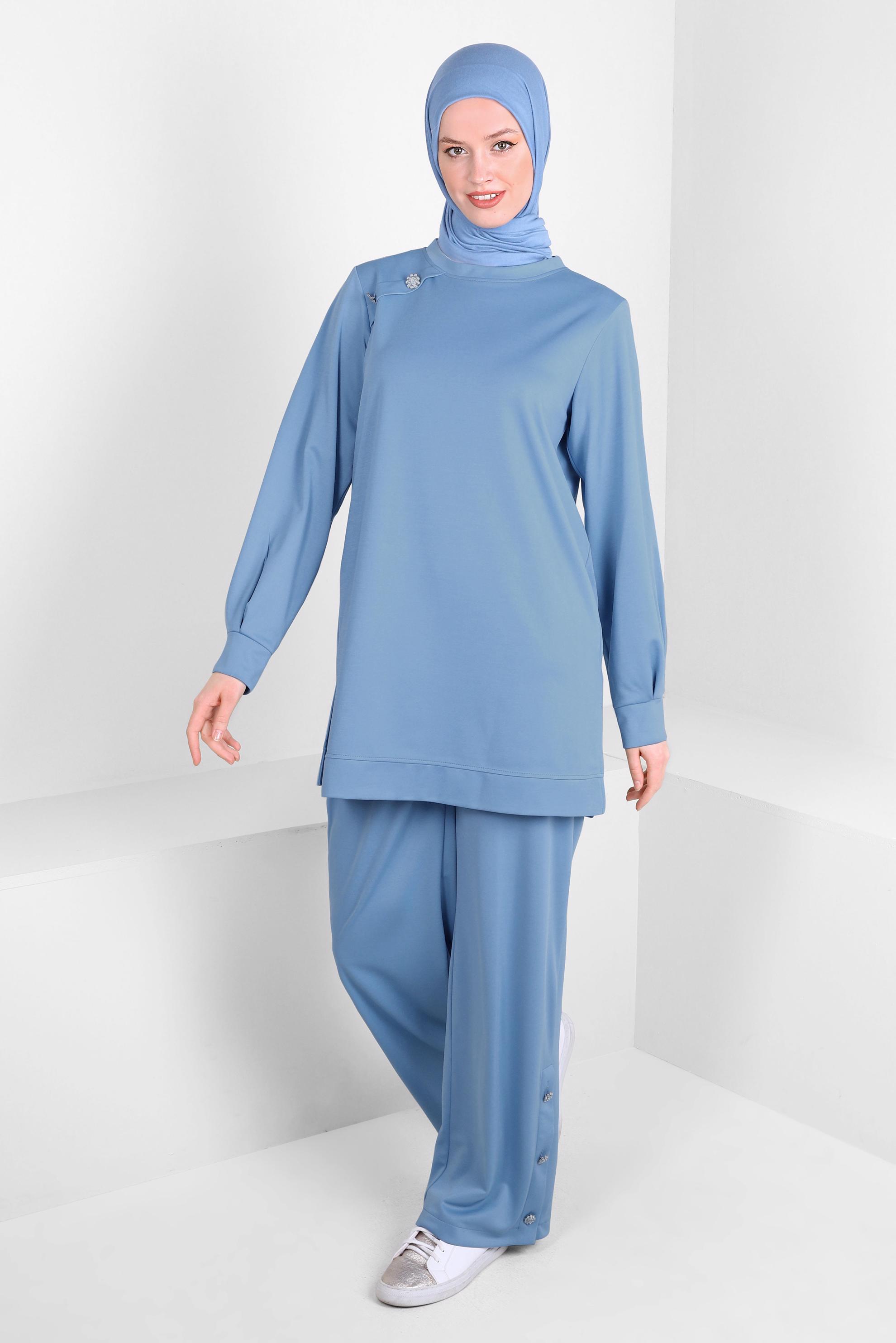 Tesettür giyim MAVİ TAŞ DETAYLI DÜĞMELİ İKİLİ PANTOLONLU TAKIM 43727
