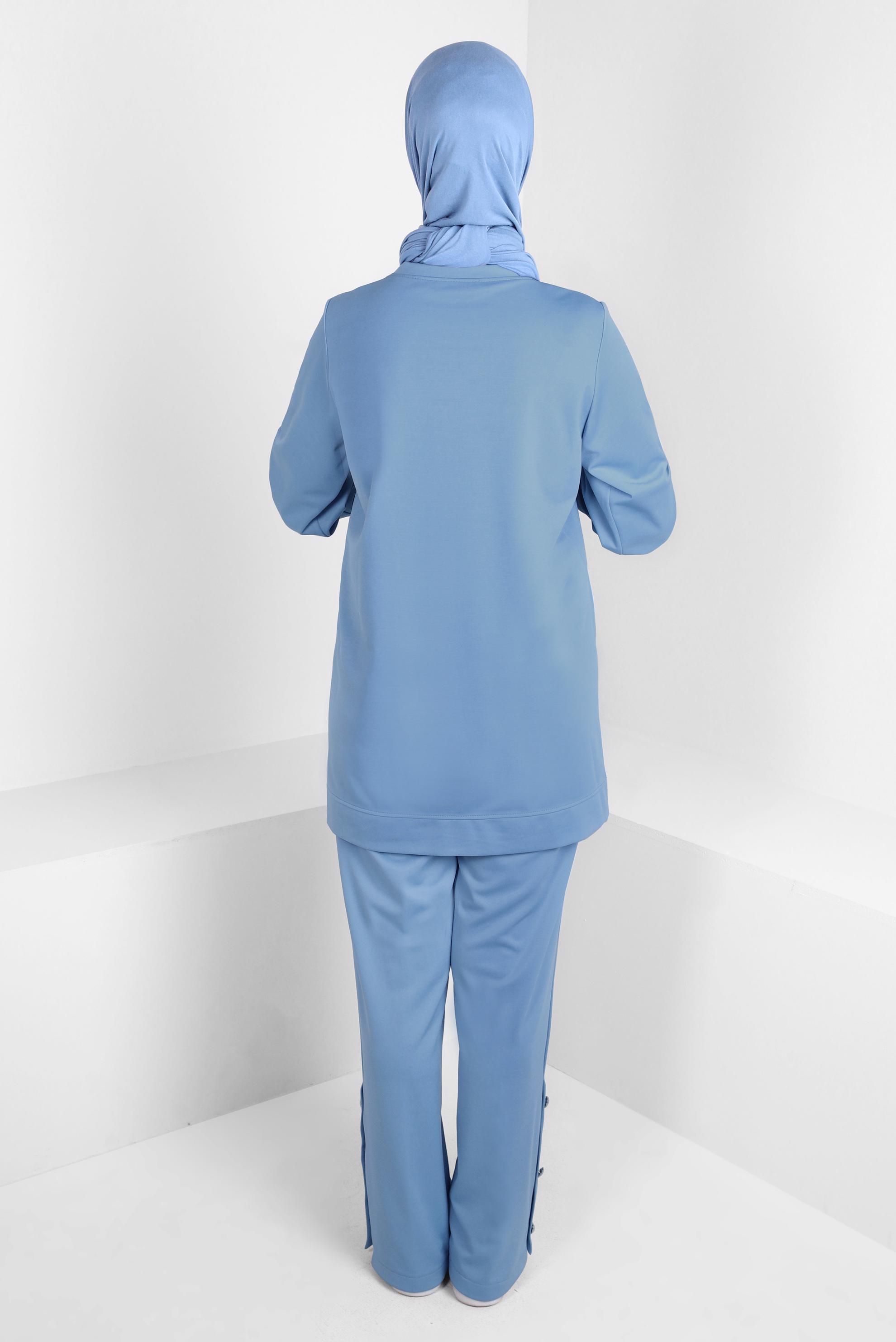 Tesettür giyim MAVİ TAŞ DETAYLI DÜĞMELİ İKİLİ PANTOLONLU TAKIM 43727