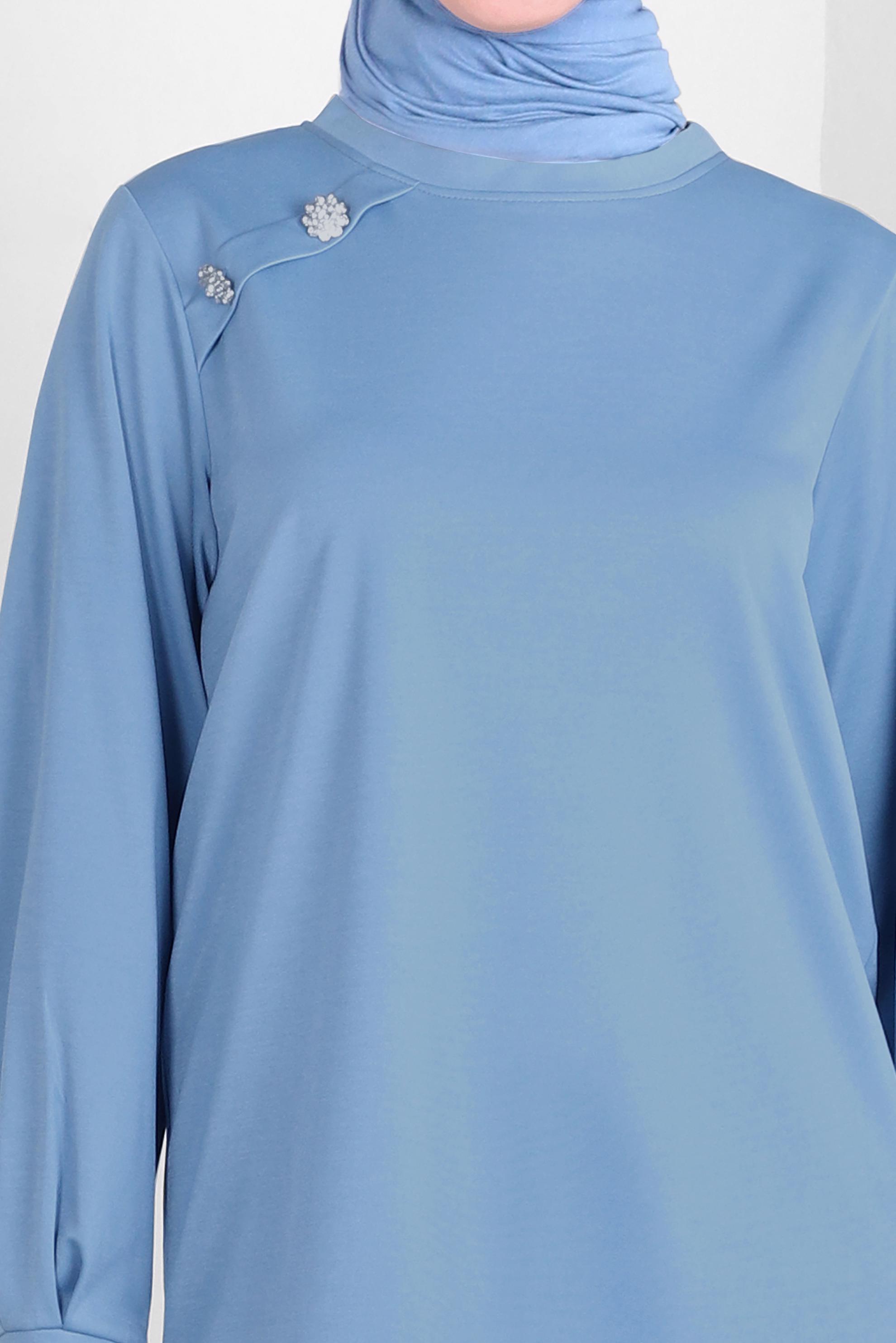 Tesettür giyim MAVİ TAŞ DETAYLI DÜĞMELİ İKİLİ PANTOLONLU TAKIM 43727