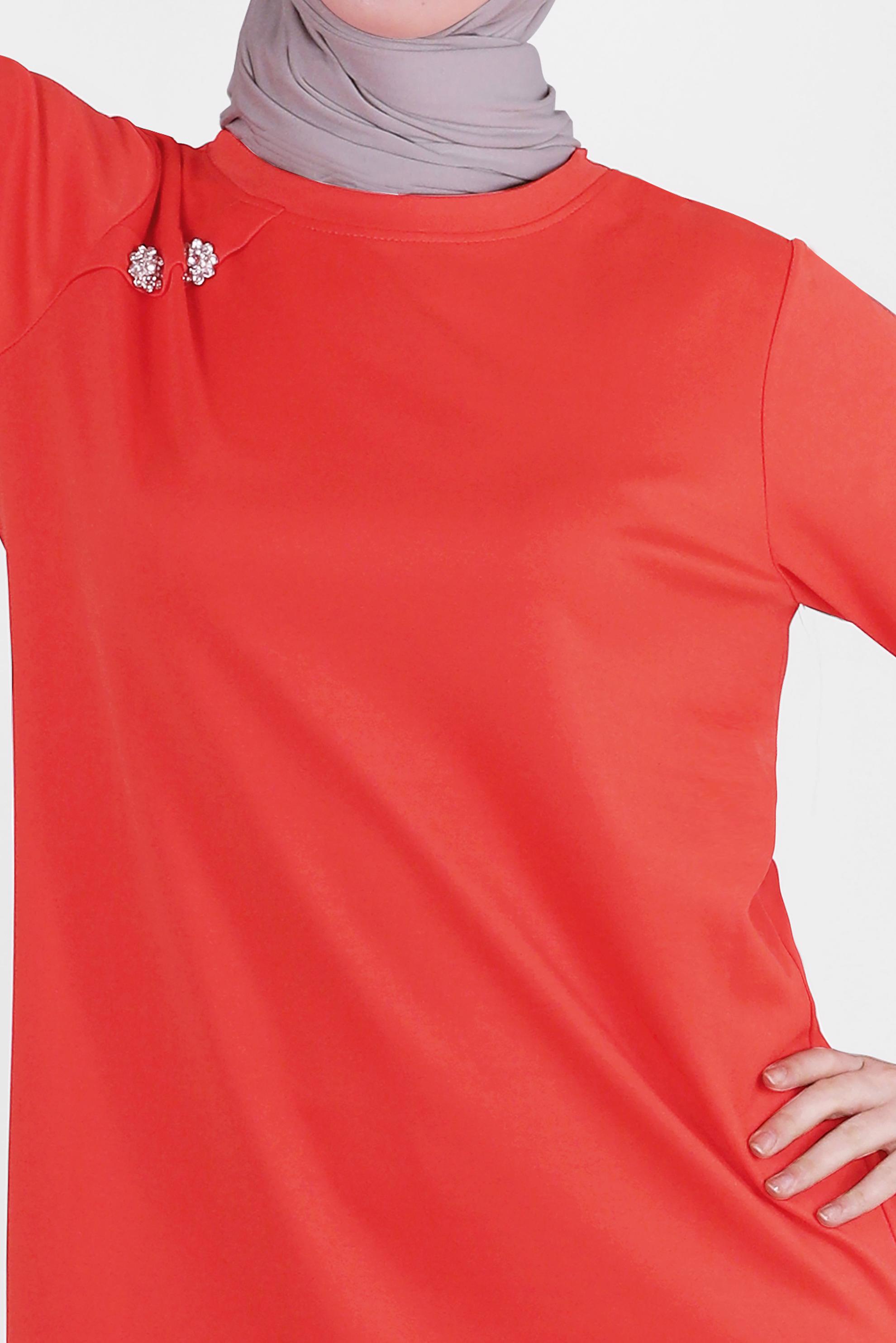 Tesettür giyim KIRMIZI TAŞ DETAYLI DÜĞMELİ İKİLİ PANTOLONLU TAKIM 43727