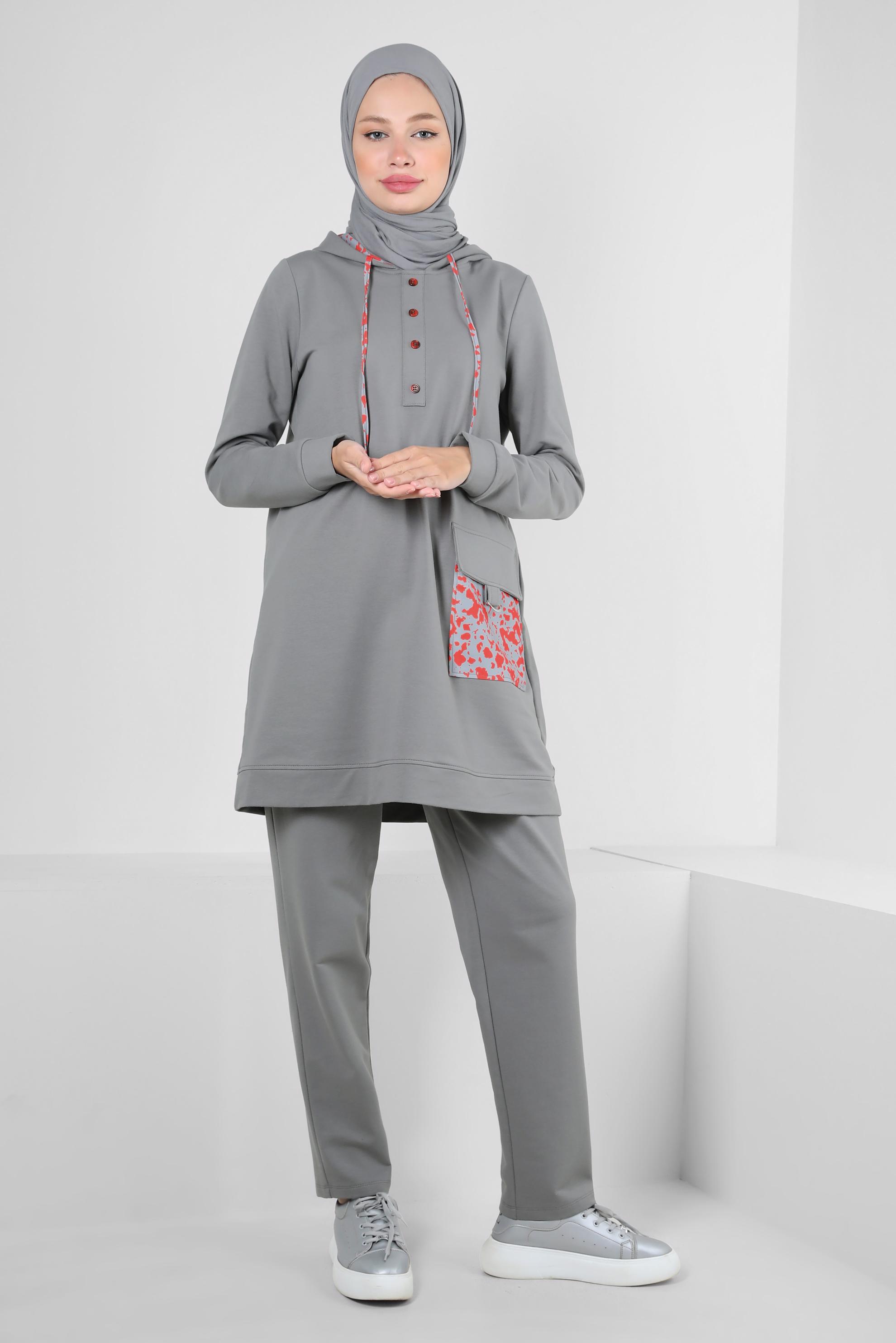 Tesettür giyim GRİ KAPÜŞONLU PANTOLONLU EŞOFMAN TAKIMI 43728