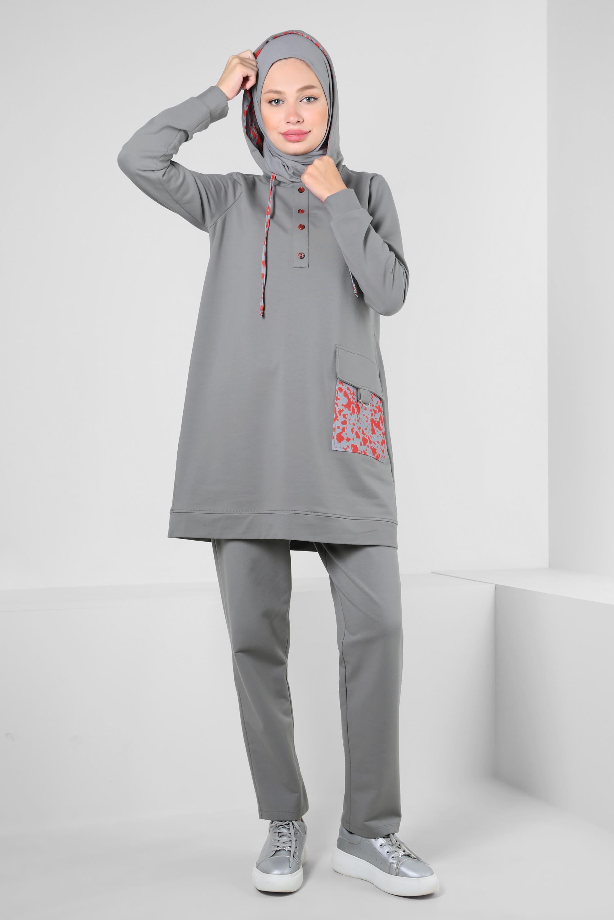 Tesettür giyim GRİ KAPÜŞONLU PANTOLONLU EŞOFMAN TAKIMI 43728