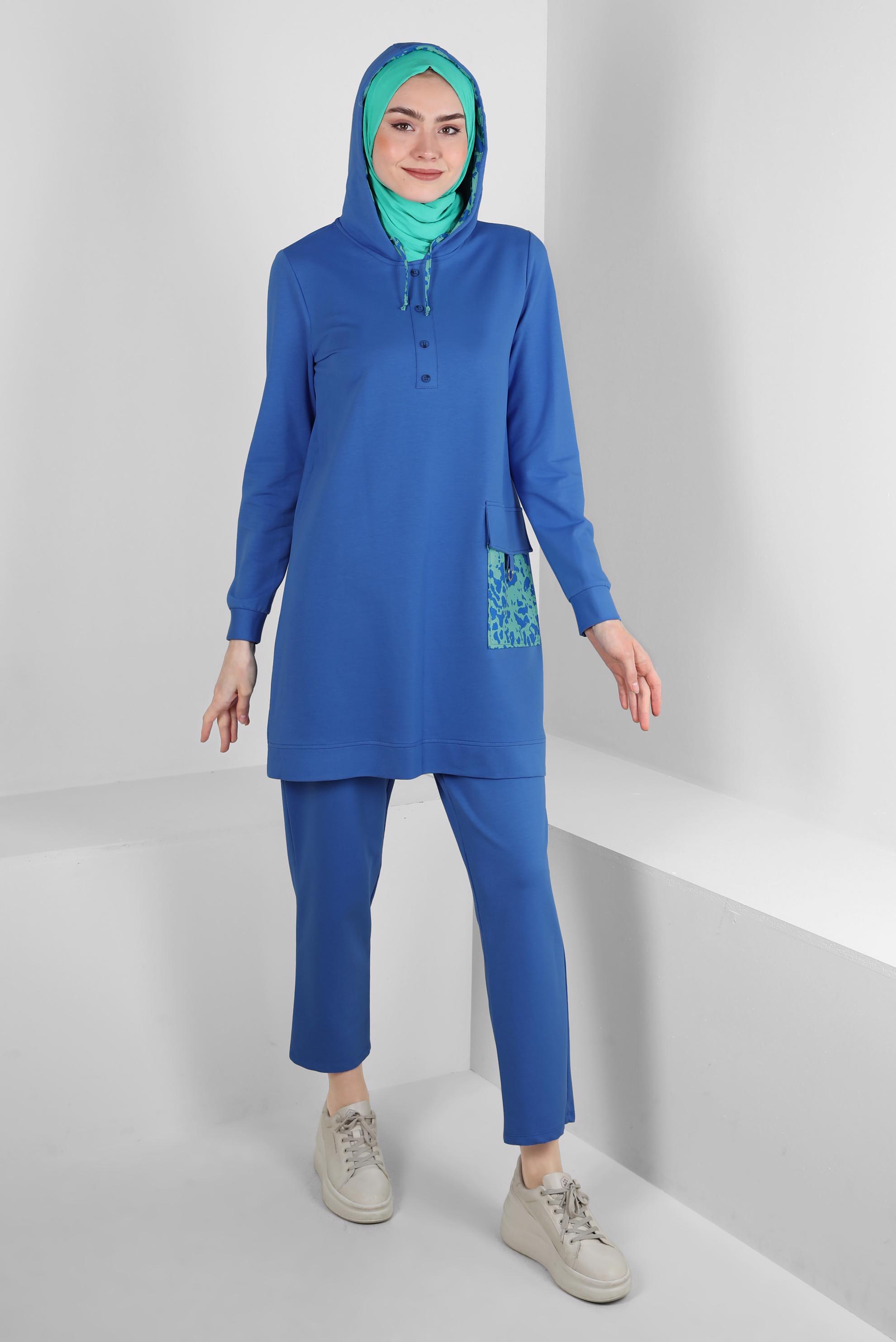 Tesettür giyim MAVİ KAPÜŞONLU PANTOLONLU EŞOFMAN TAKIMI 43728