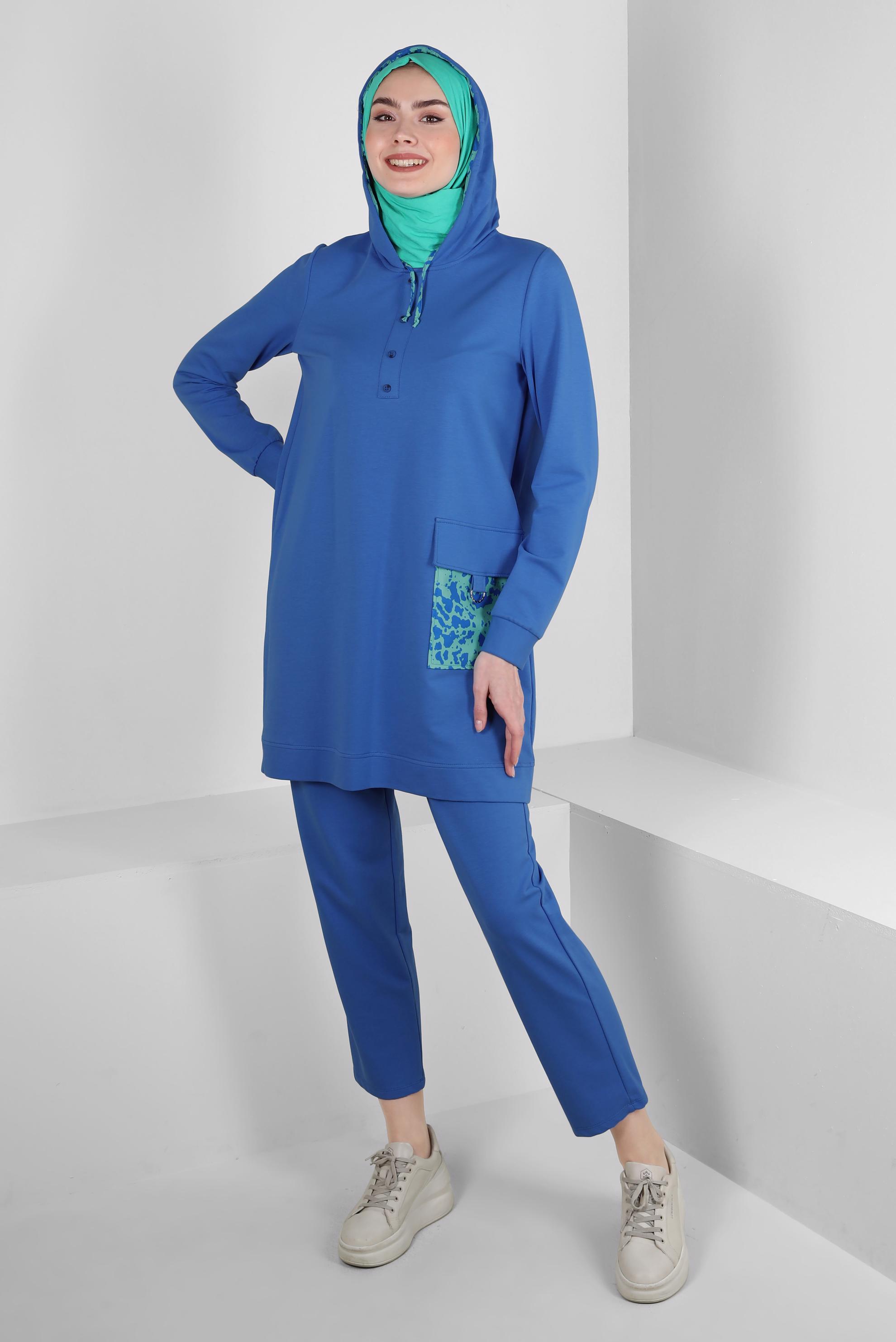 Tesettür giyim MAVİ KAPÜŞONLU PANTOLONLU EŞOFMAN TAKIMI 43728