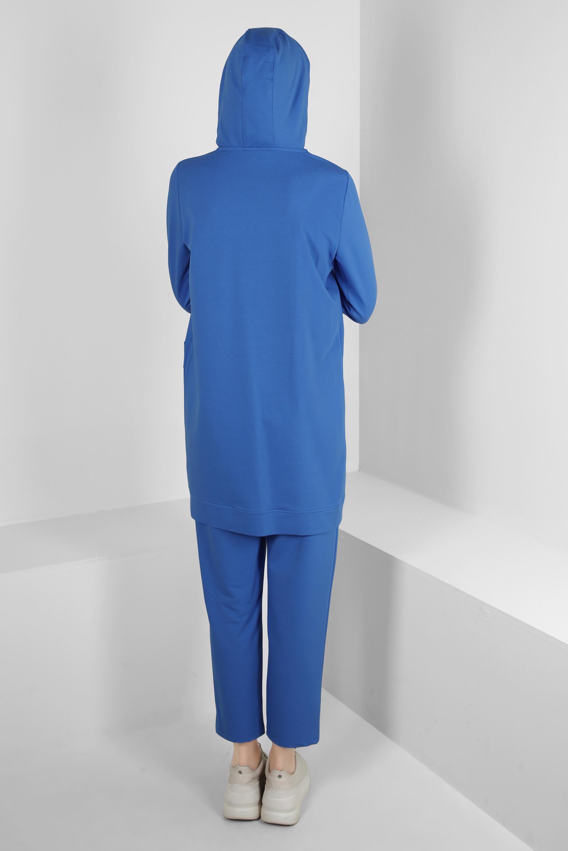 Tesettür giyim MAVİ KAPÜŞONLU PANTOLONLU EŞOFMAN TAKIMI 43728