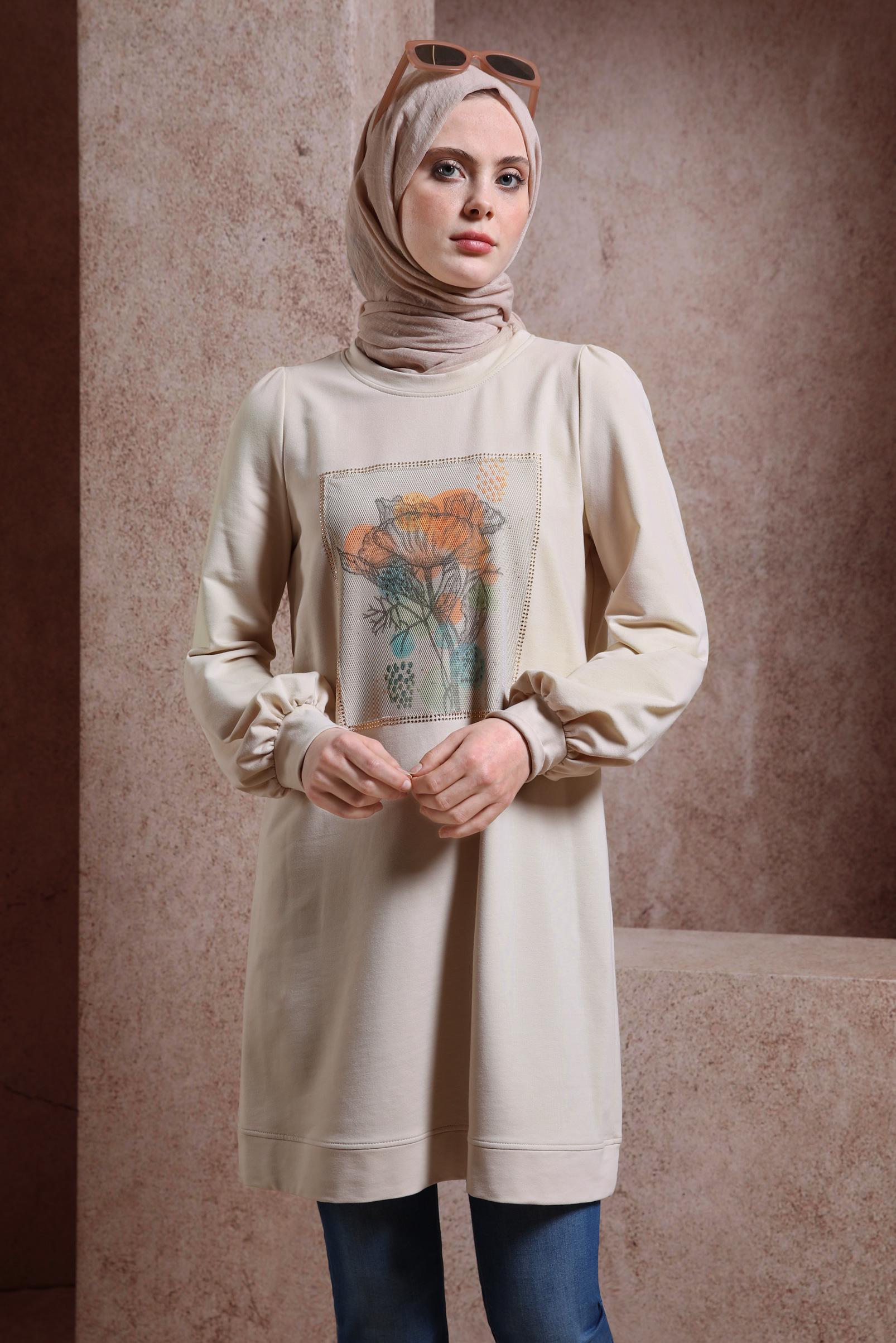 Tesettür giyim BEJ BASKILI EŞOFMAN TUNİK 43784