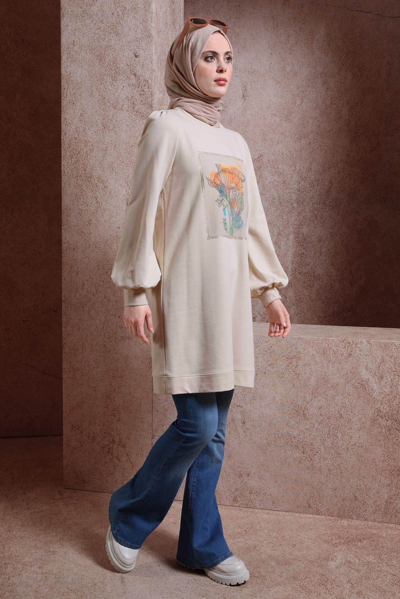 Tesettür giyim BEJ BASKILI EŞOFMAN TUNİK 43784