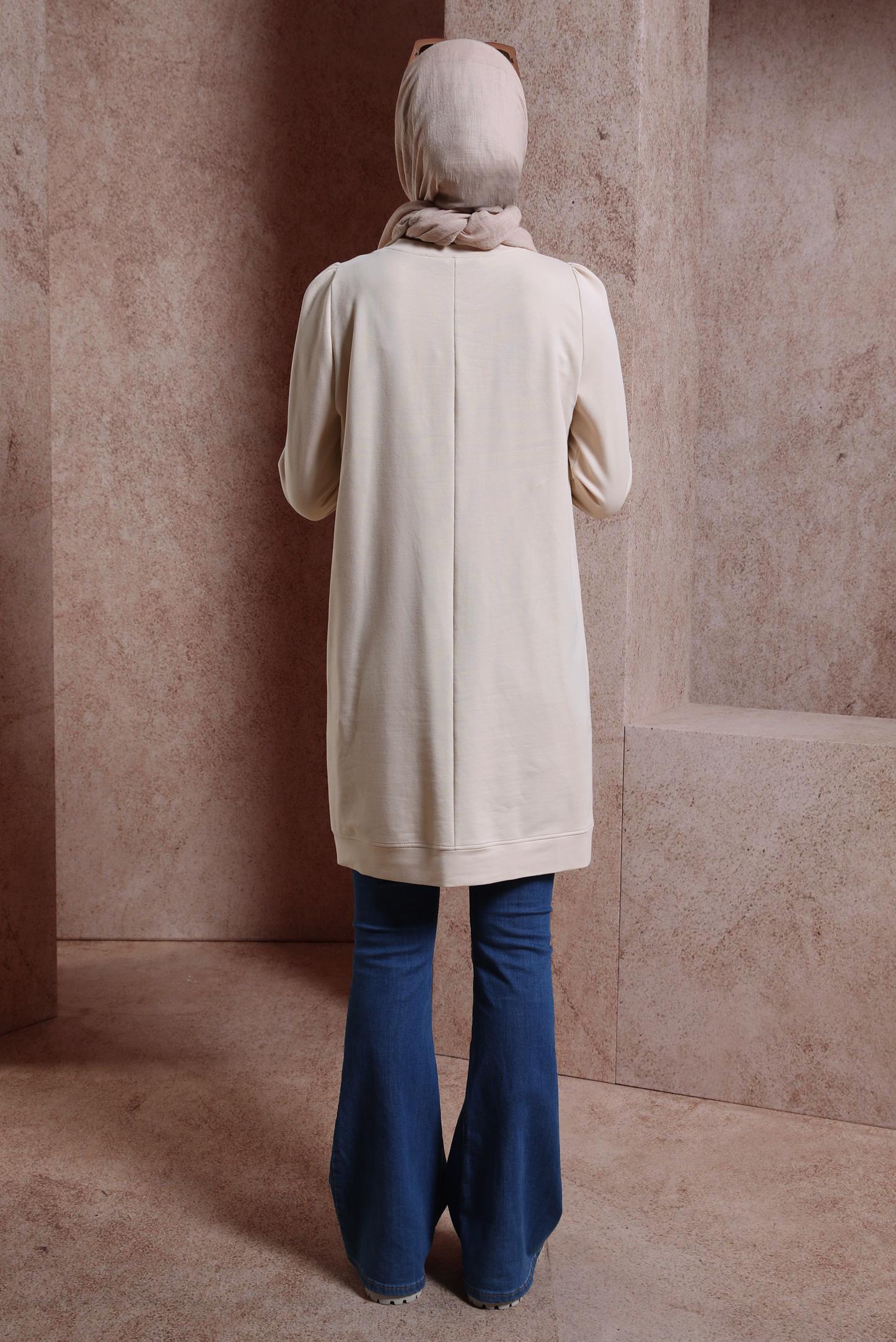 Tesettür giyim BEJ BASKILI EŞOFMAN TUNİK 43784