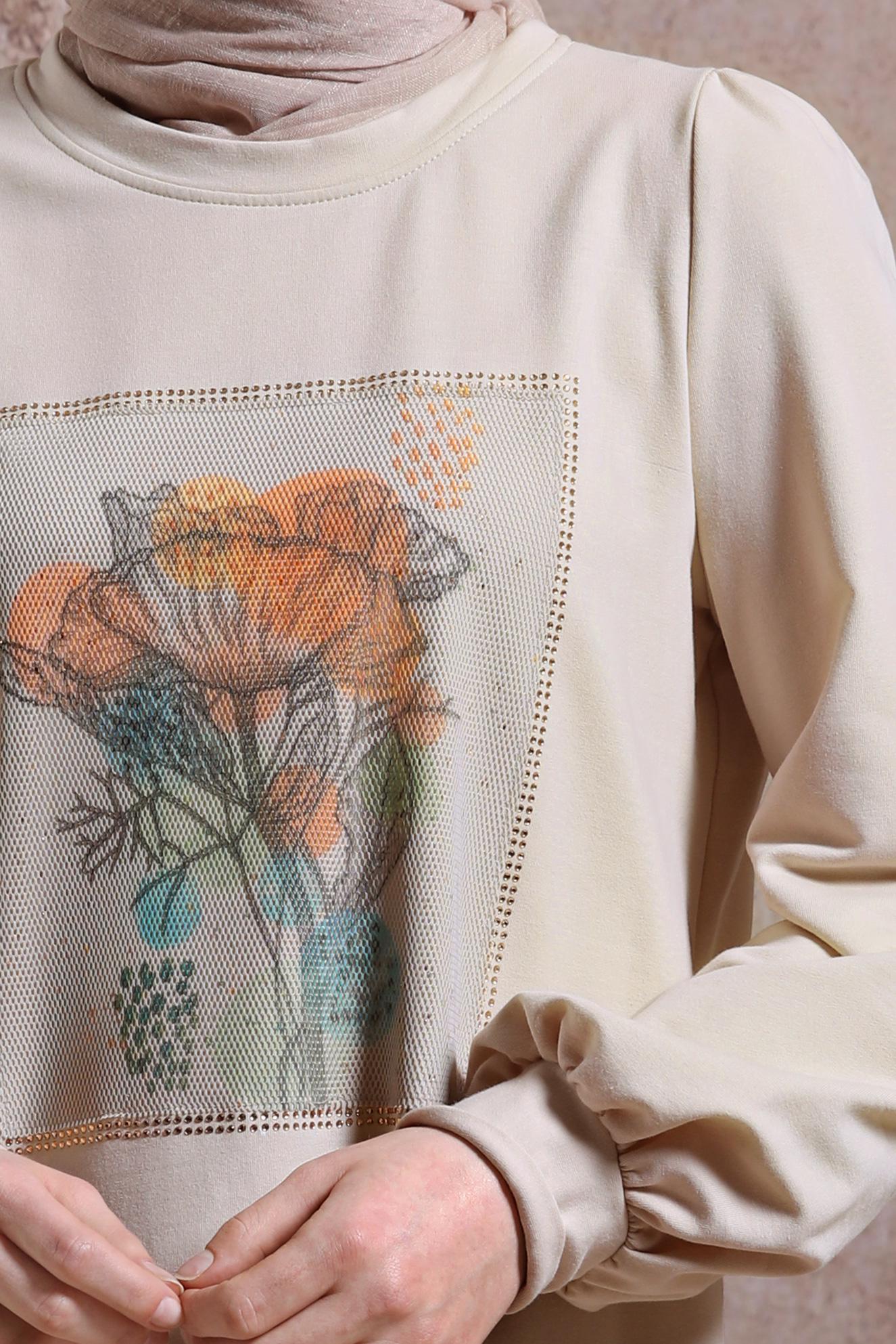 Tesettür giyim BEJ BASKILI EŞOFMAN TUNİK 43784