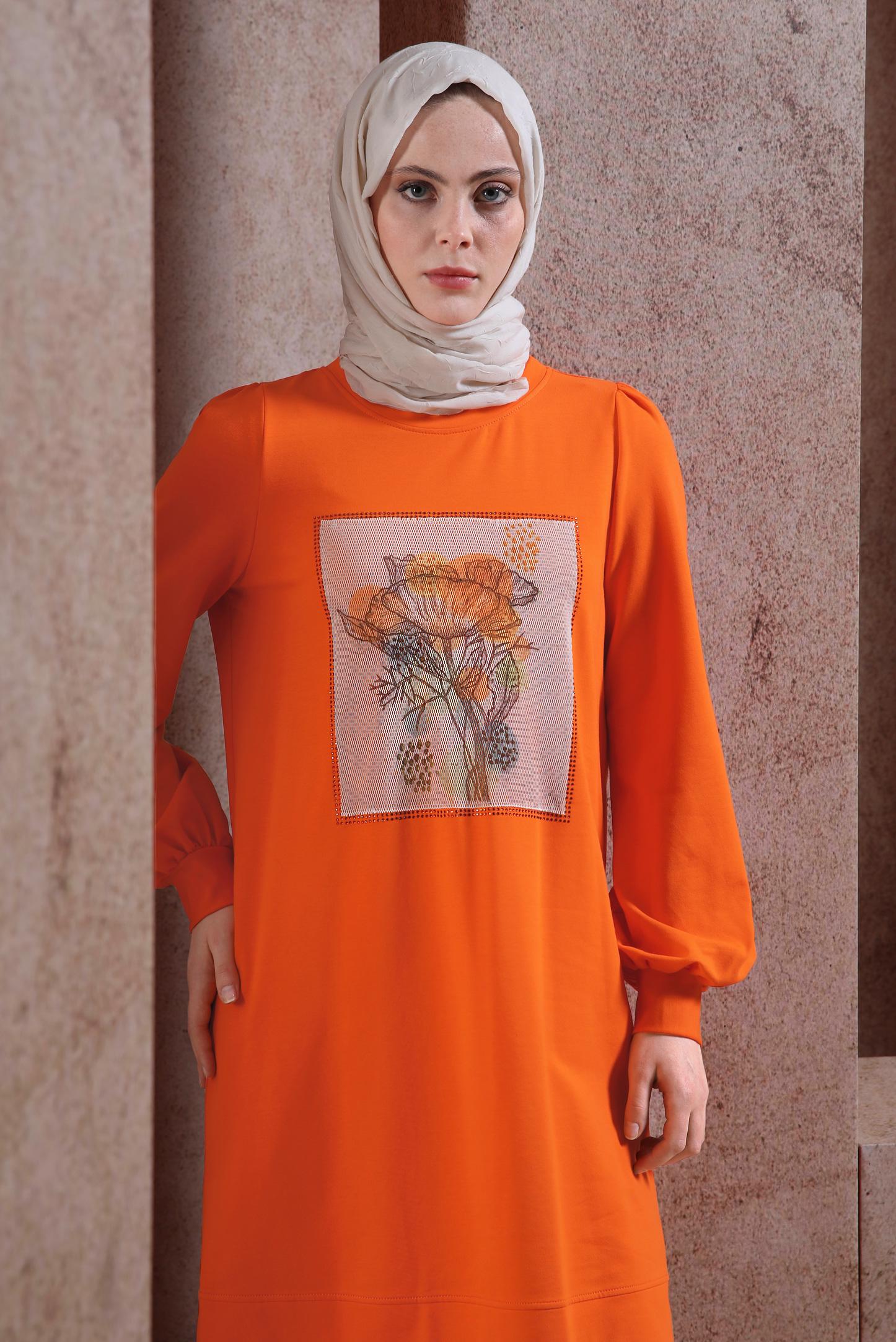 Tesettür giyim TURUNCU BASKILI EŞOFMAN TUNİK 43784