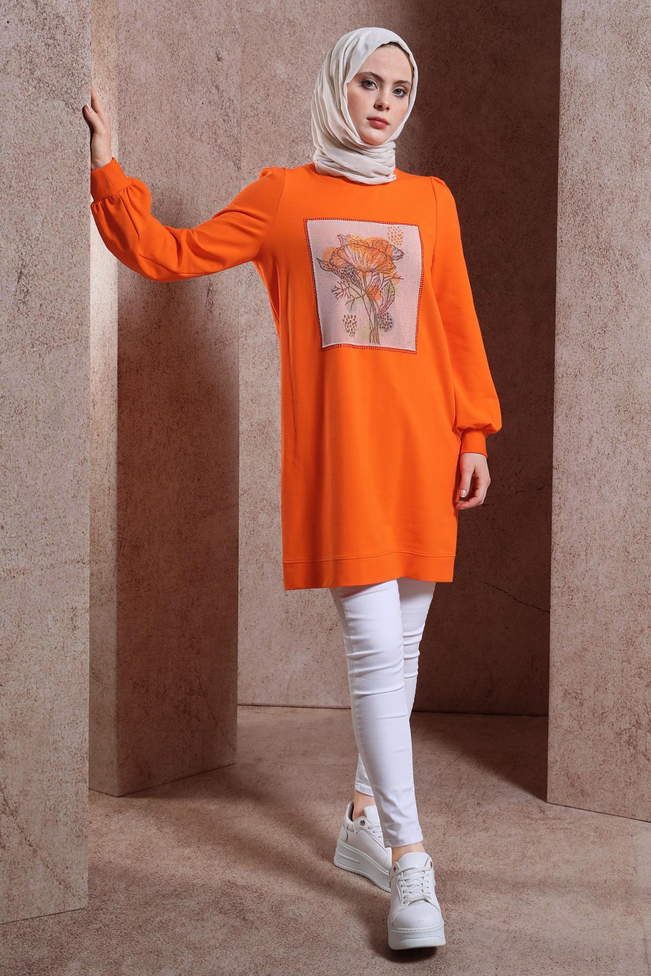 Tesettür giyim TURUNCU BASKILI EŞOFMAN TUNİK 43784