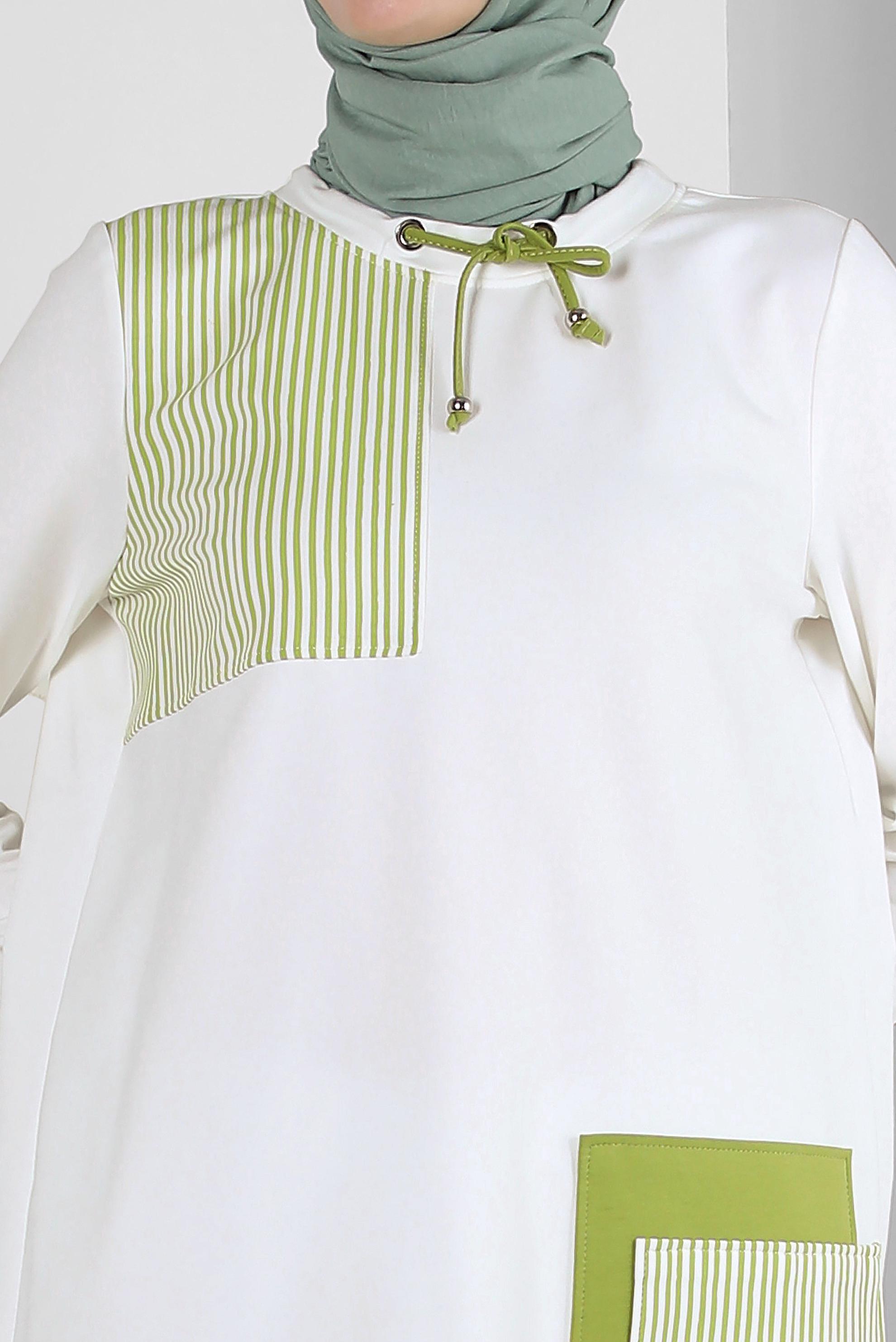 Tesettür giyim BEYAZ ÇİZGİ DETAYLI YAKASI BÜZGÜLÜ EŞOFMAN TUNİK 43785