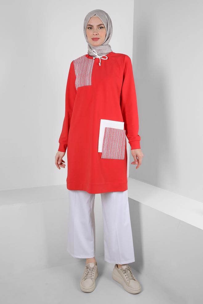 Tesettür giyim  ÇİZGİ DETAYLI YAKASI BÜZGÜLÜ EŞOFMAN TUNİK 43785 - ALVİNA