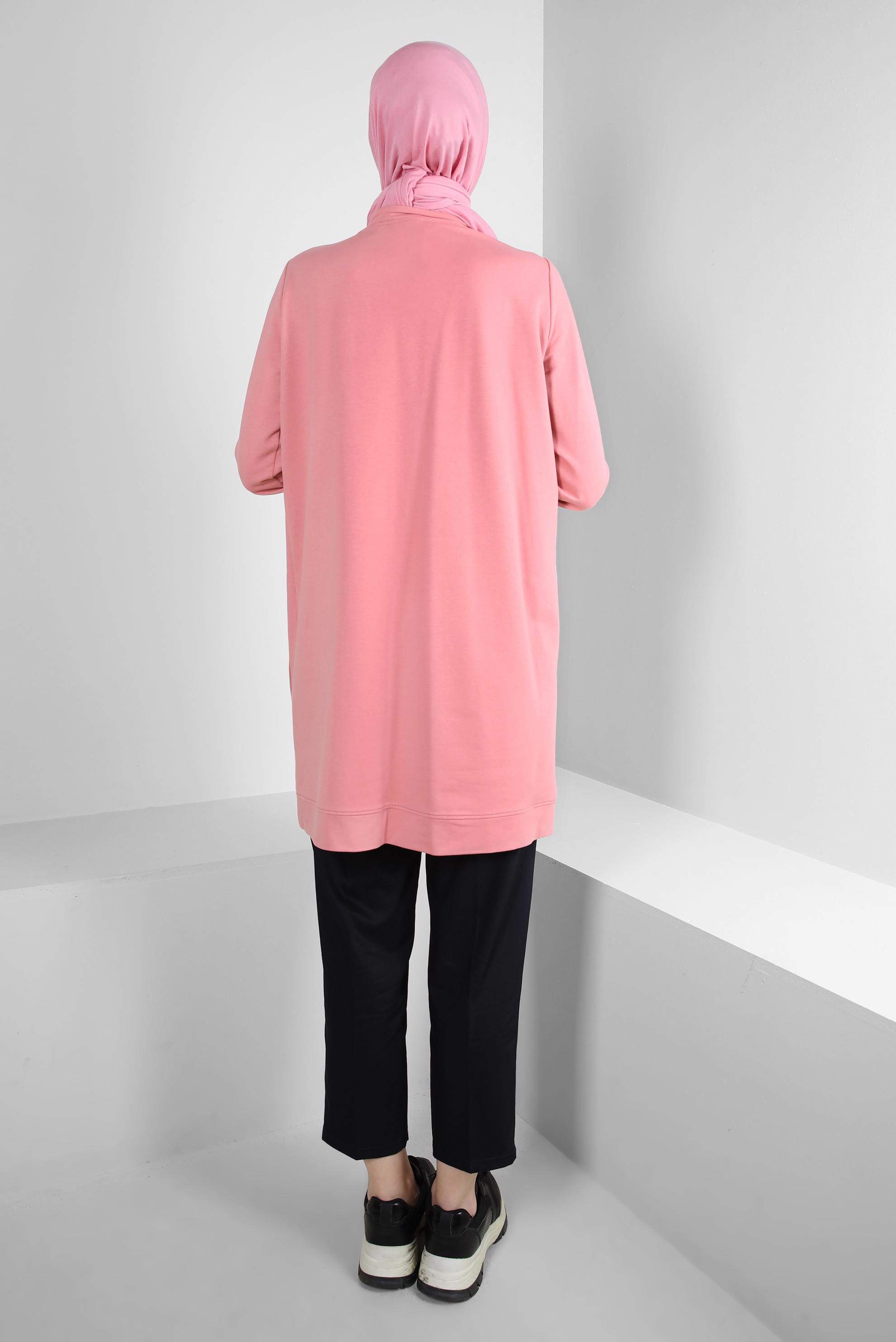 Tesettür giyim PEMBE ÇİZGİ DETAYLI YAKASI BÜZGÜLÜ EŞOFMAN TUNİK 43785