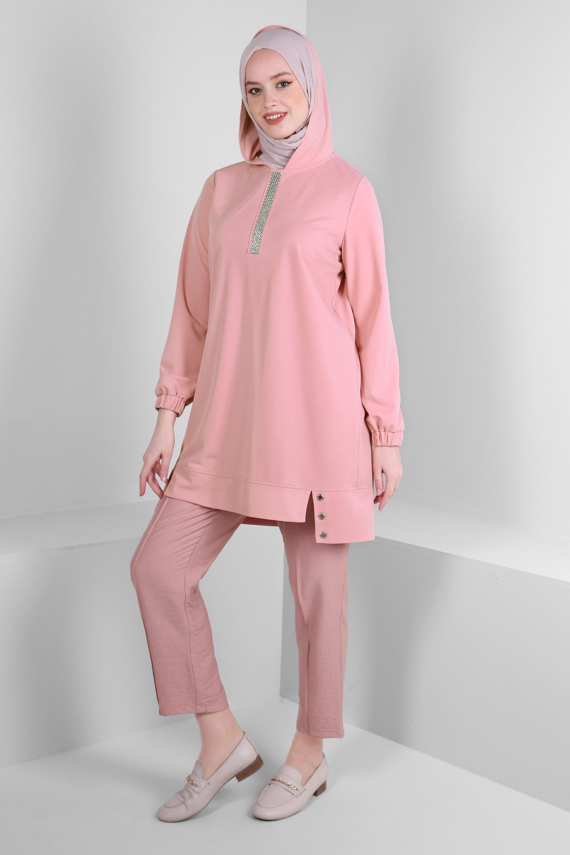 Tesettür giyim PUDRA KAPÜŞONLU TAŞ BASKILI EŞOFMAN TUNİK 43786