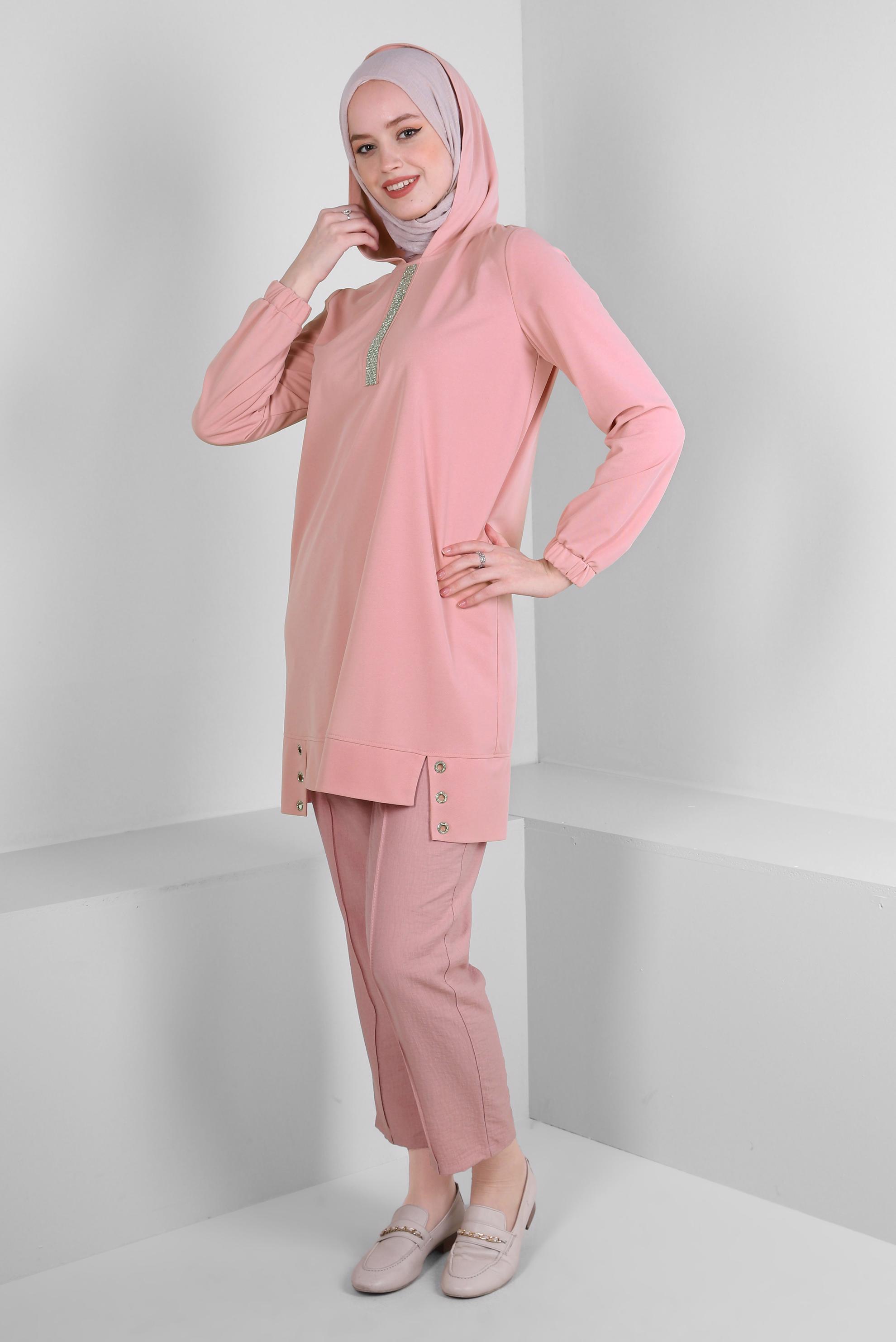 Tesettür giyim PUDRA KAPÜŞONLU TAŞ BASKILI EŞOFMAN TUNİK 43786
