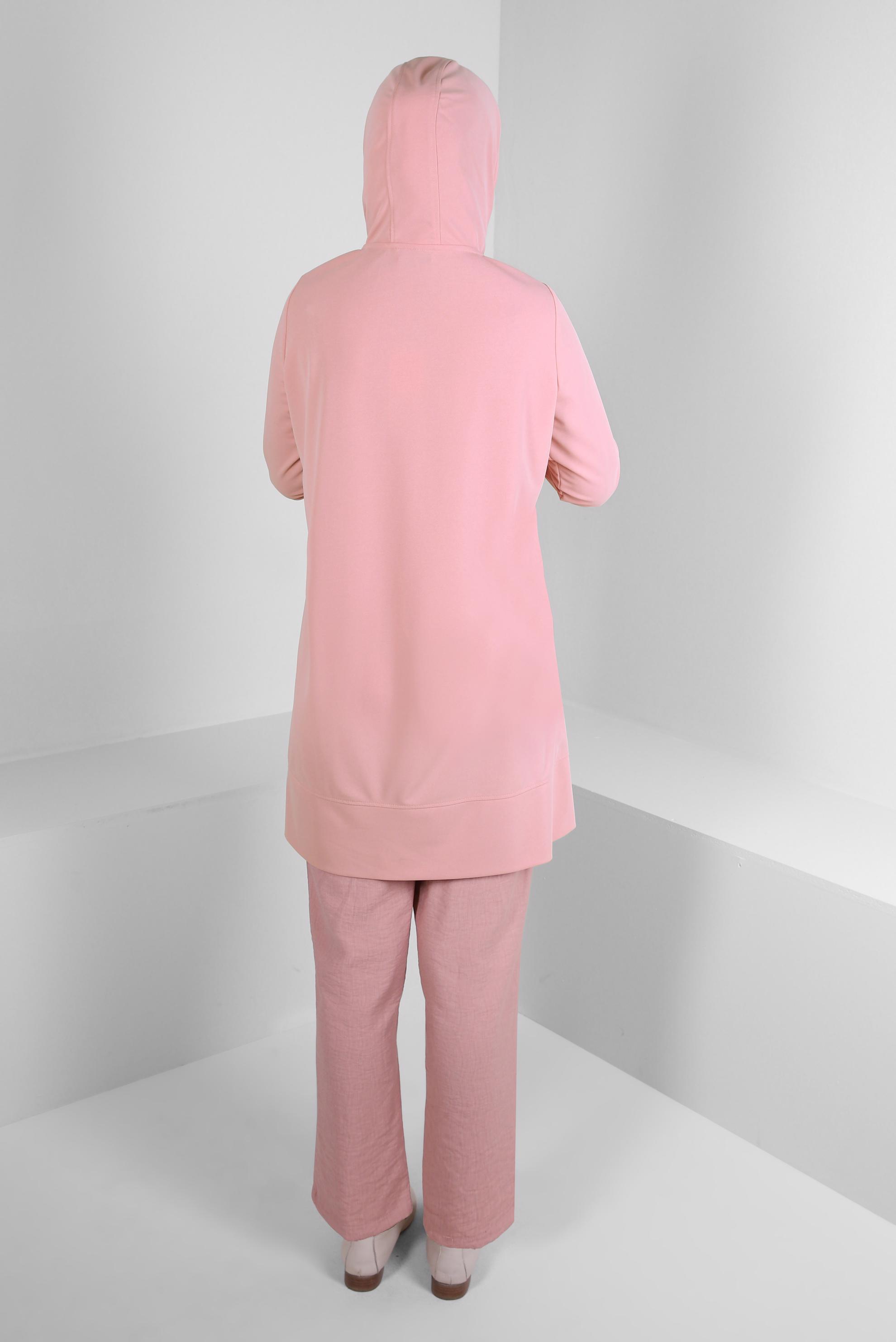 Tesettür giyim PUDRA KAPÜŞONLU TAŞ BASKILI EŞOFMAN TUNİK 43786