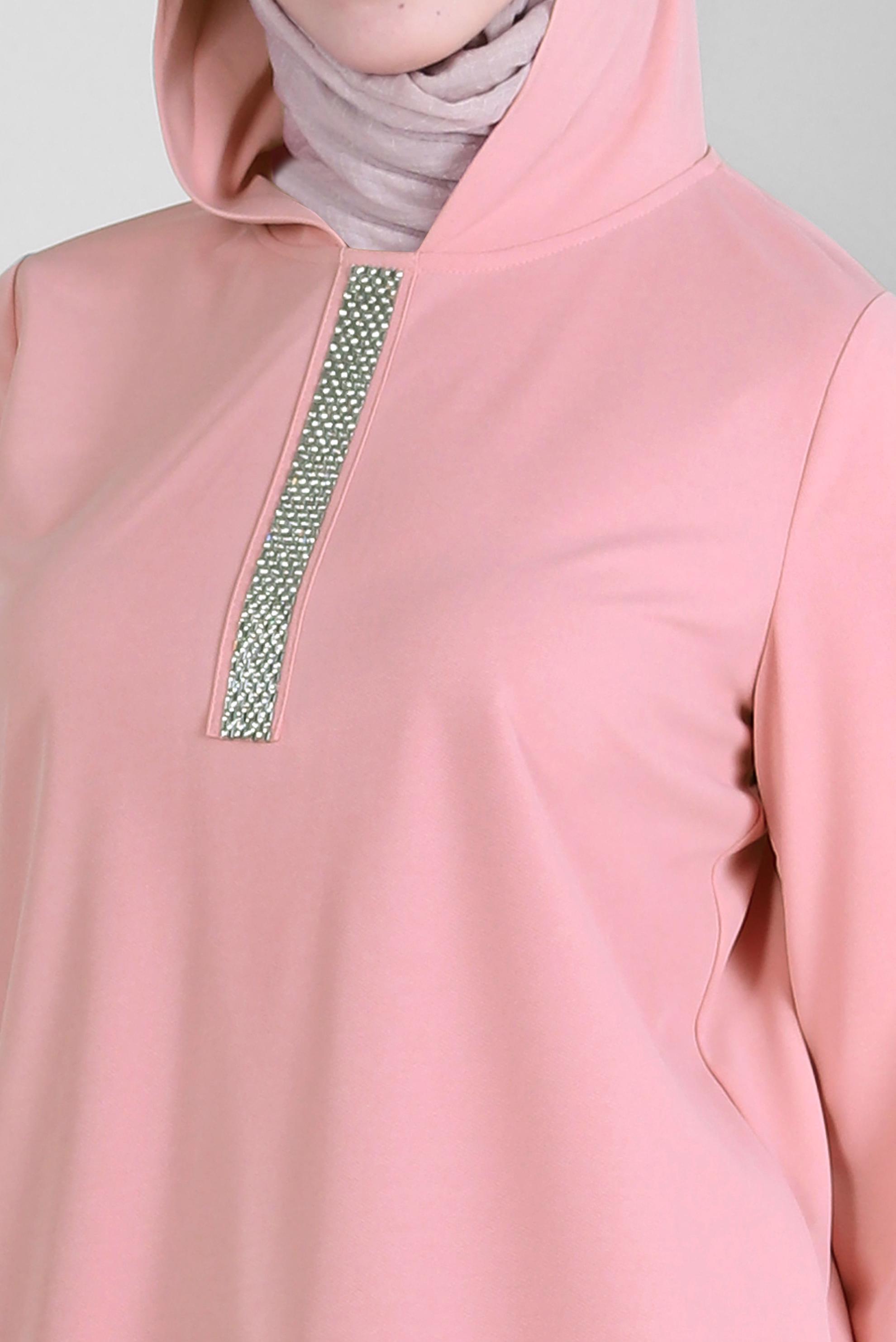 Tesettür giyim PUDRA KAPÜŞONLU TAŞ BASKILI EŞOFMAN TUNİK 43786