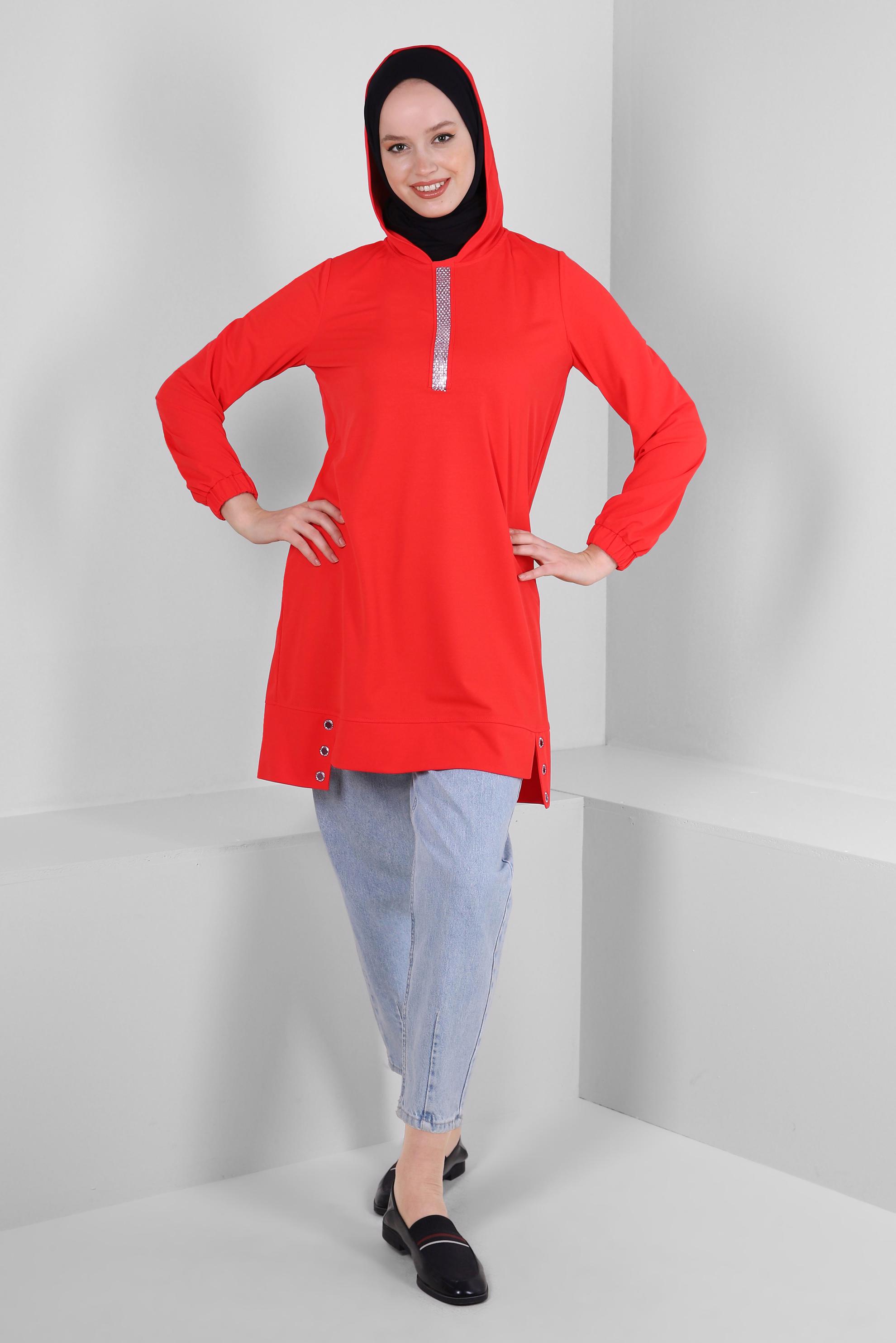 Tesettür giyim KIRMIZI KAPÜŞONLU TAŞ BASKILI EŞOFMAN TUNİK 43786