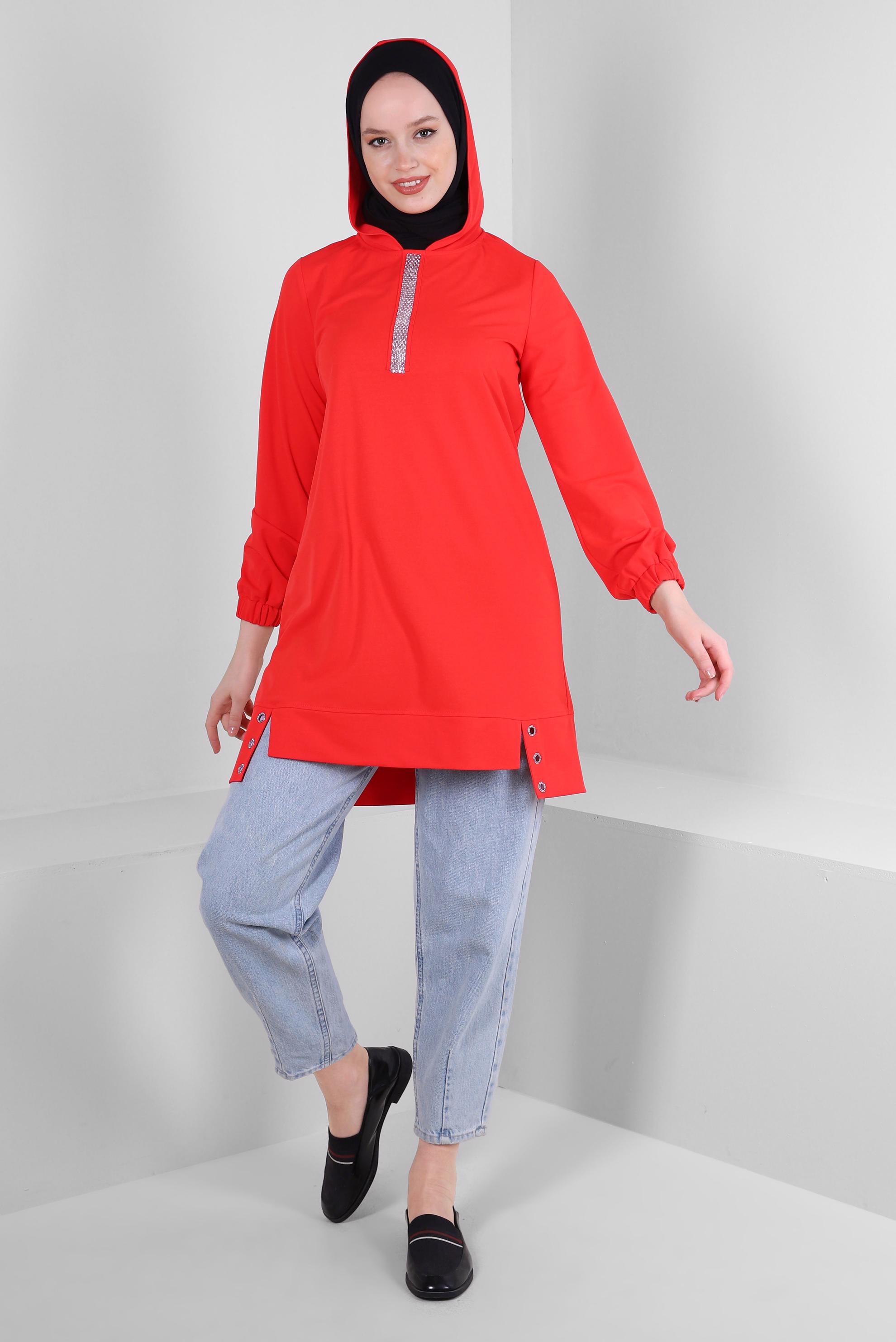 Tesettür giyim KIRMIZI KAPÜŞONLU TAŞ BASKILI EŞOFMAN TUNİK 43786