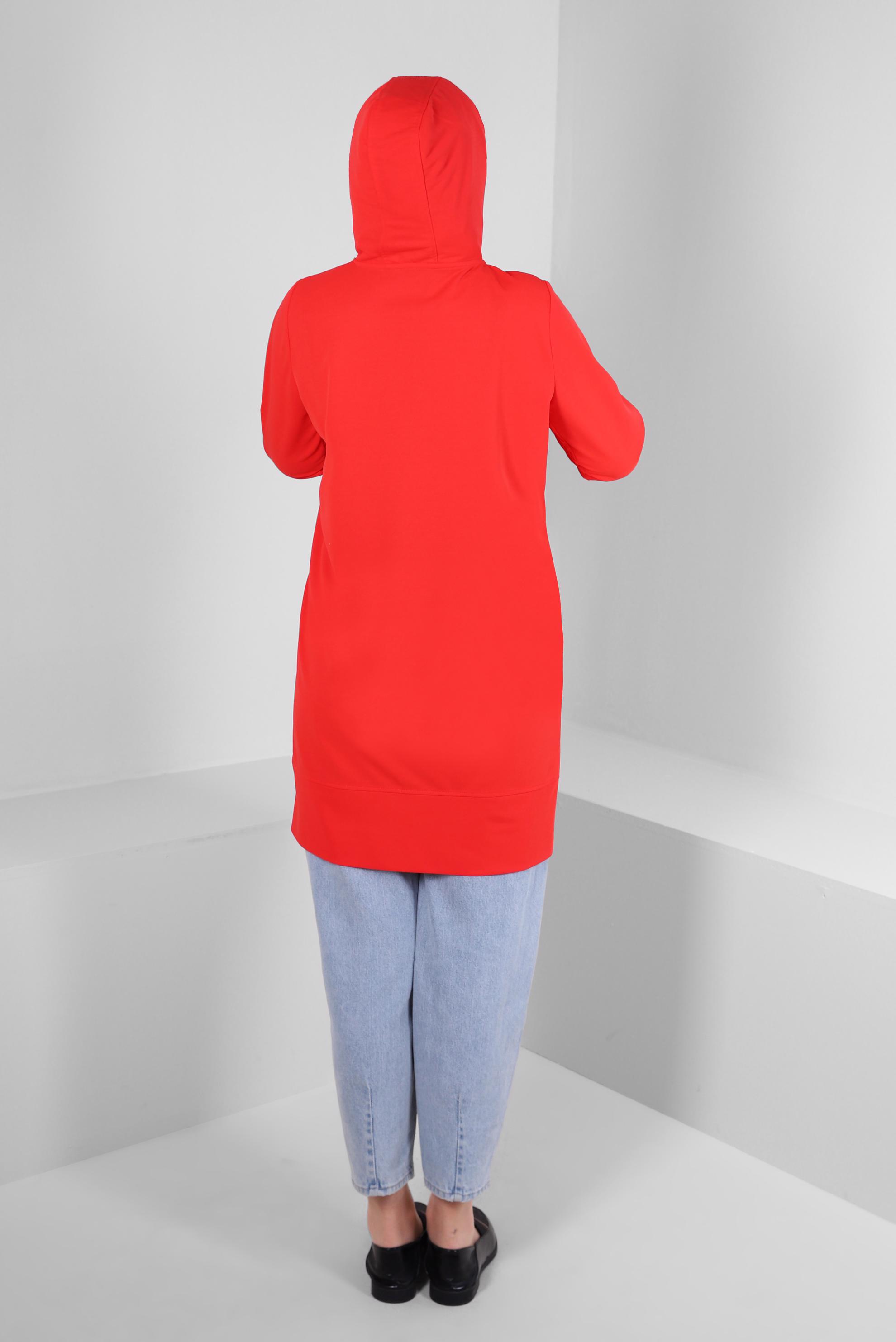 Tesettür giyim KIRMIZI KAPÜŞONLU TAŞ BASKILI EŞOFMAN TUNİK 43786