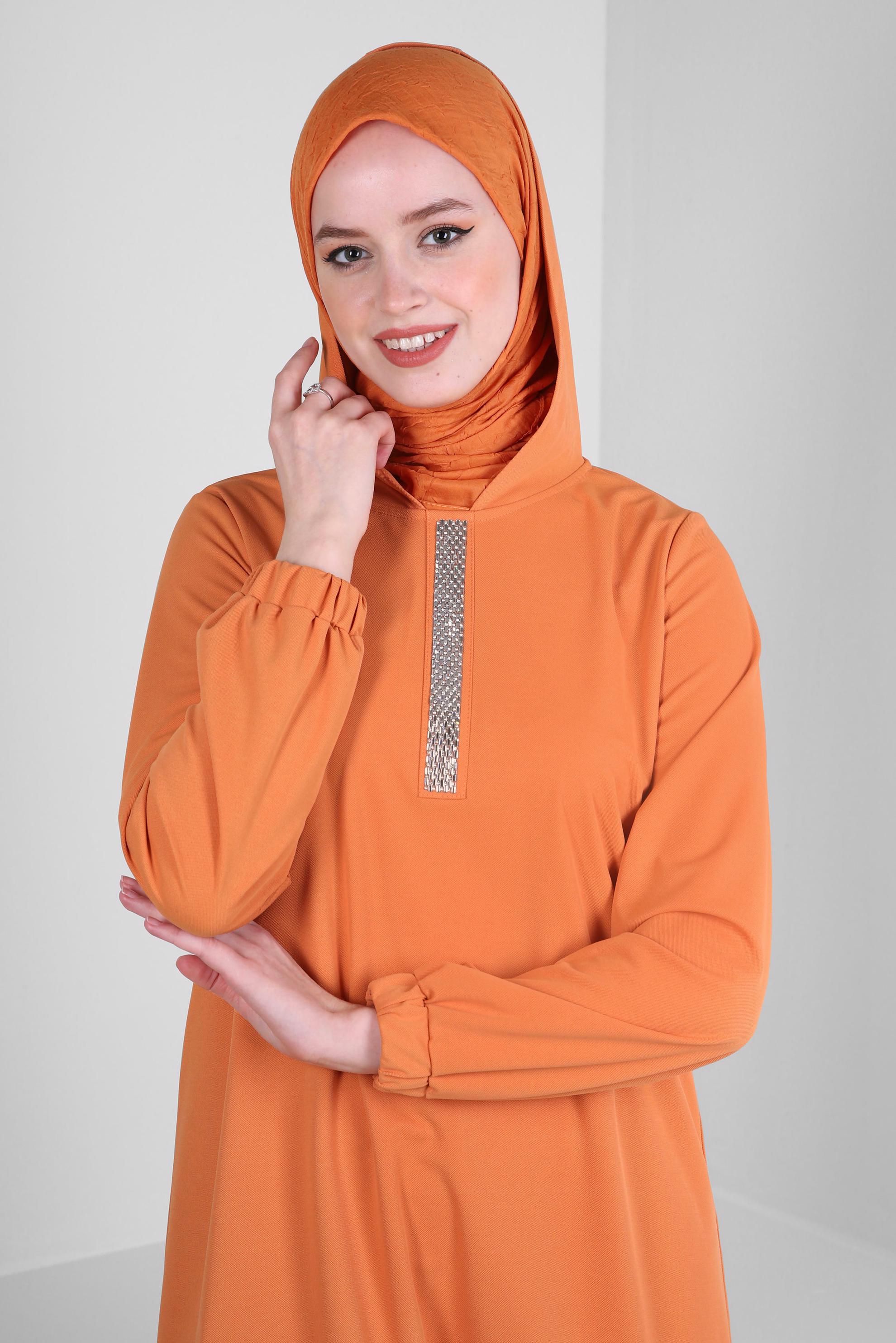 Tesettür giyim TURUNCU KAPÜŞONLU TAŞ BASKILI EŞOFMAN TUNİK 43786