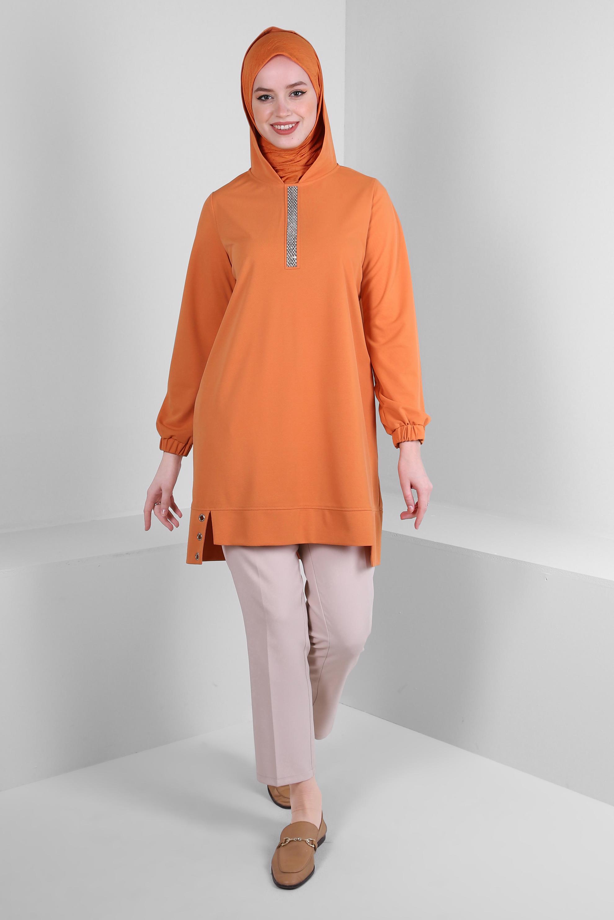 Tesettür giyim TURUNCU KAPÜŞONLU TAŞ BASKILI EŞOFMAN TUNİK 43786