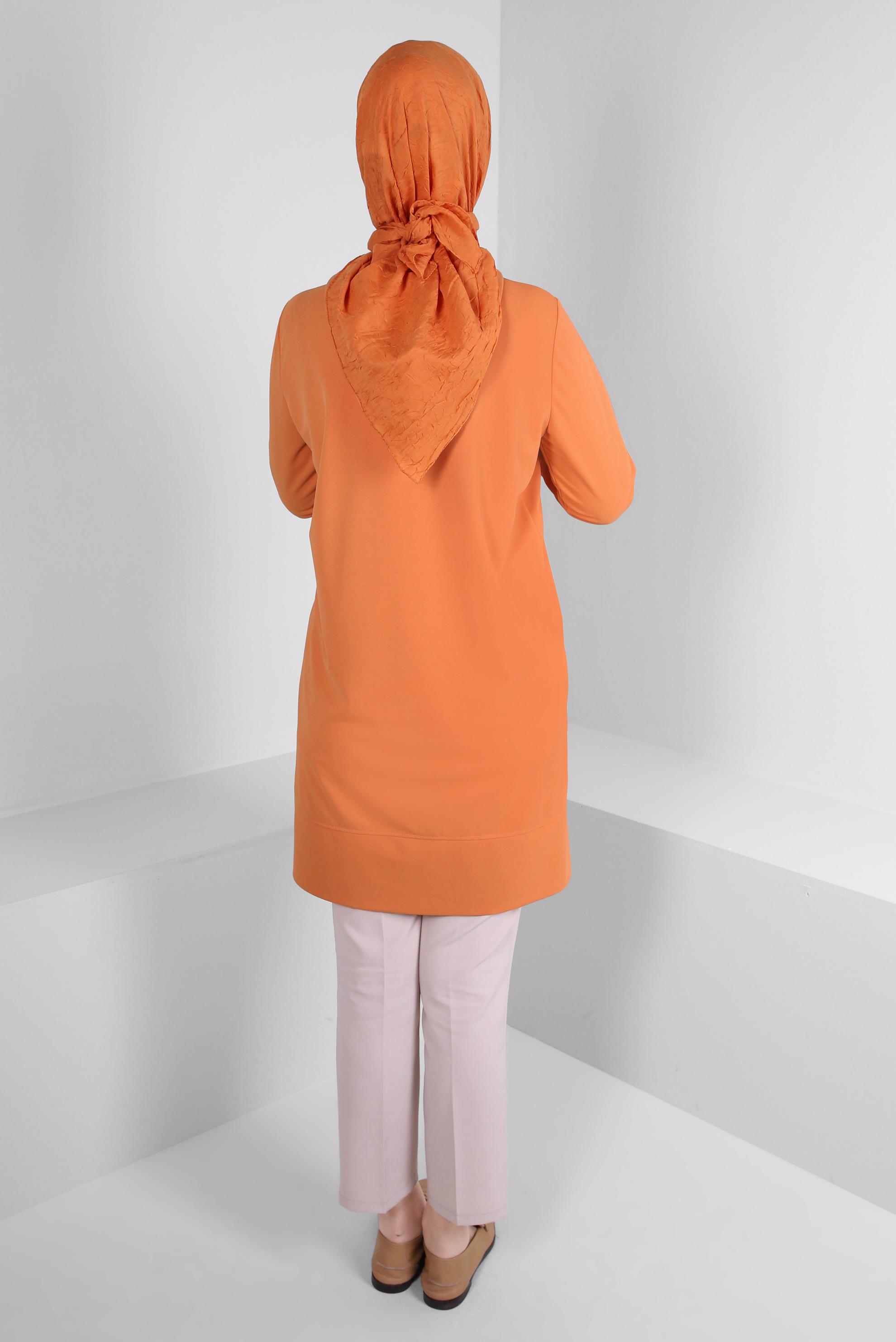 Tesettür giyim TURUNCU KAPÜŞONLU TAŞ BASKILI EŞOFMAN TUNİK 43786