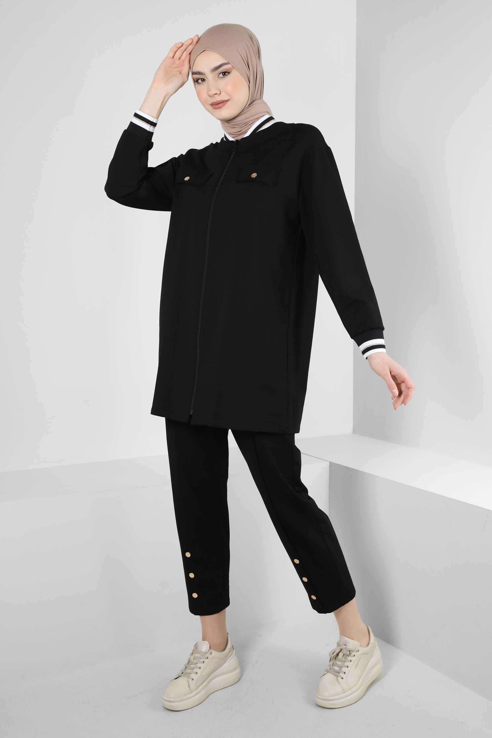 Tesettür giyim SİYAH MANŞETLERİ LASTİKLİ İKİLİ EŞOFMAN TAKIM 43787