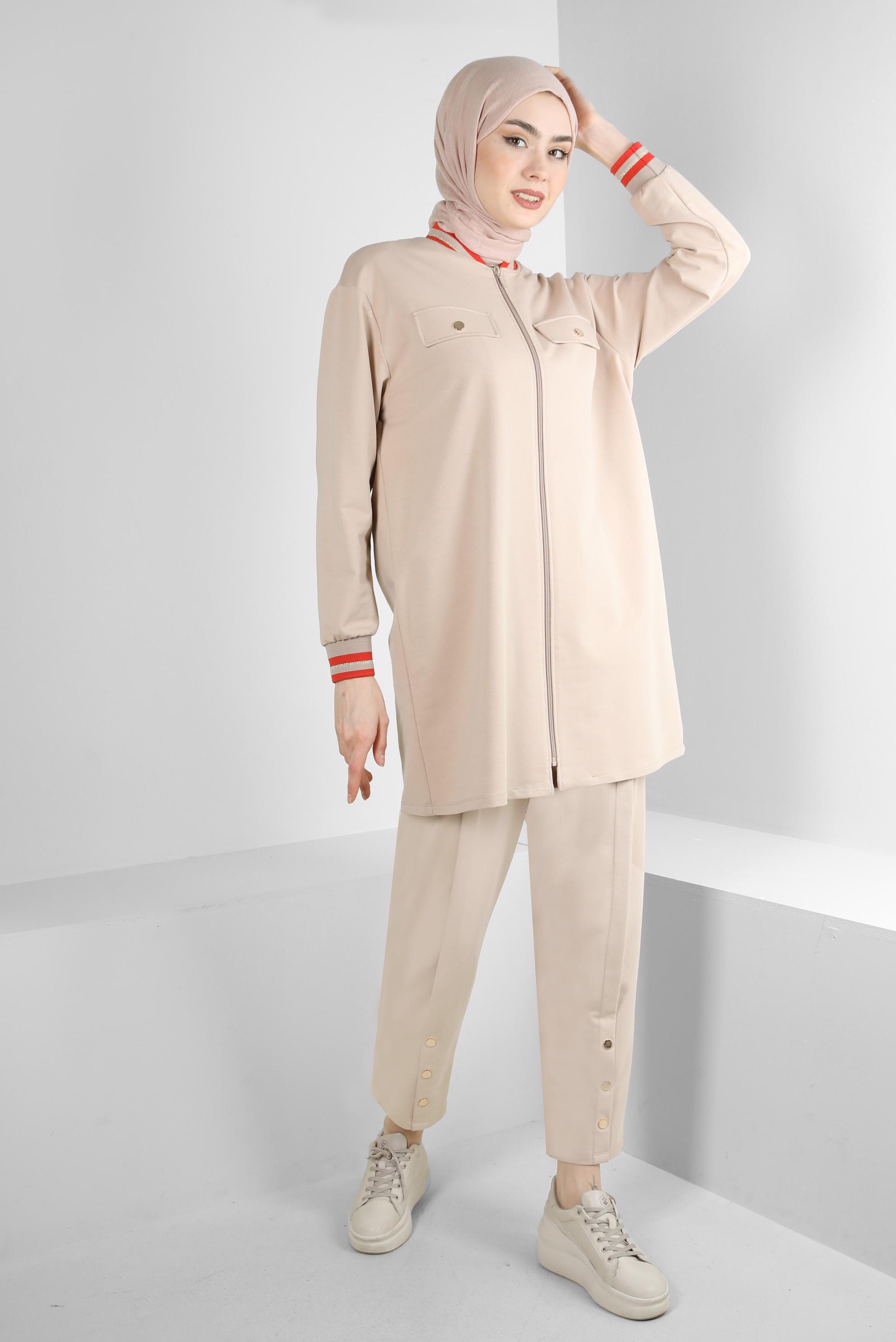 Tesettür giyim BEJ MANŞETLERİ LASTİKLİ İKİLİ EŞOFMAN TAKIM 43787