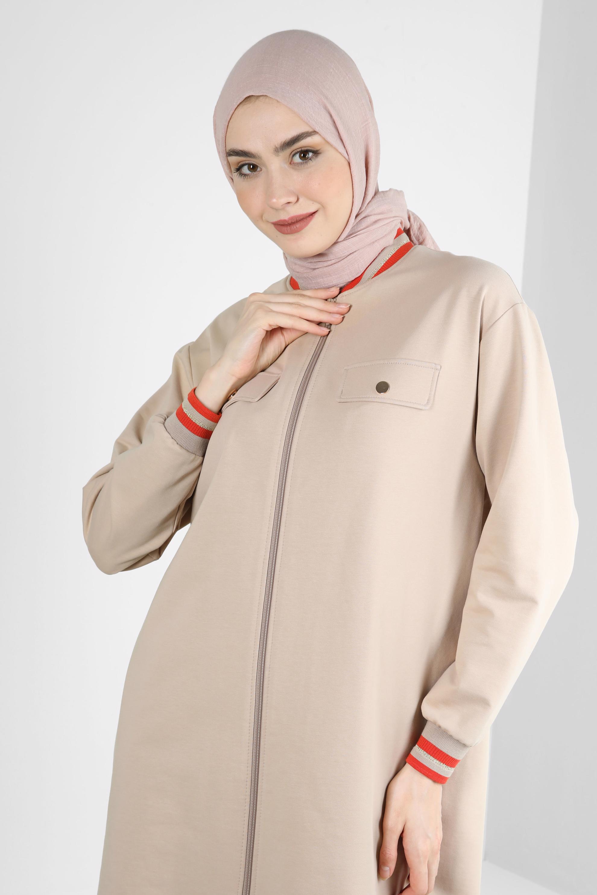 Tesettür giyim BEJ MANŞETLERİ LASTİKLİ İKİLİ EŞOFMAN TAKIM 43787