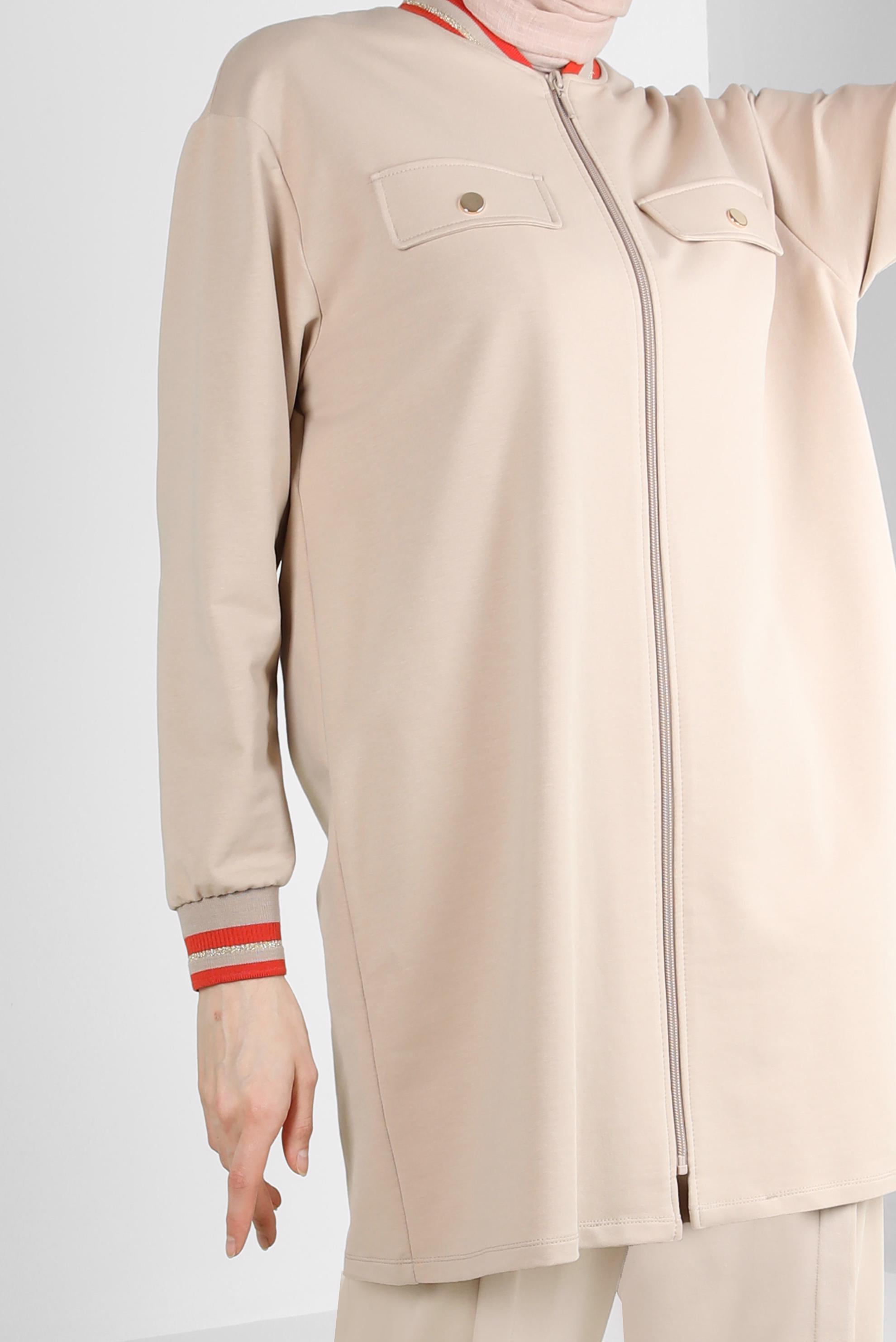 Tesettür giyim BEJ MANŞETLERİ LASTİKLİ İKİLİ EŞOFMAN TAKIM 43787