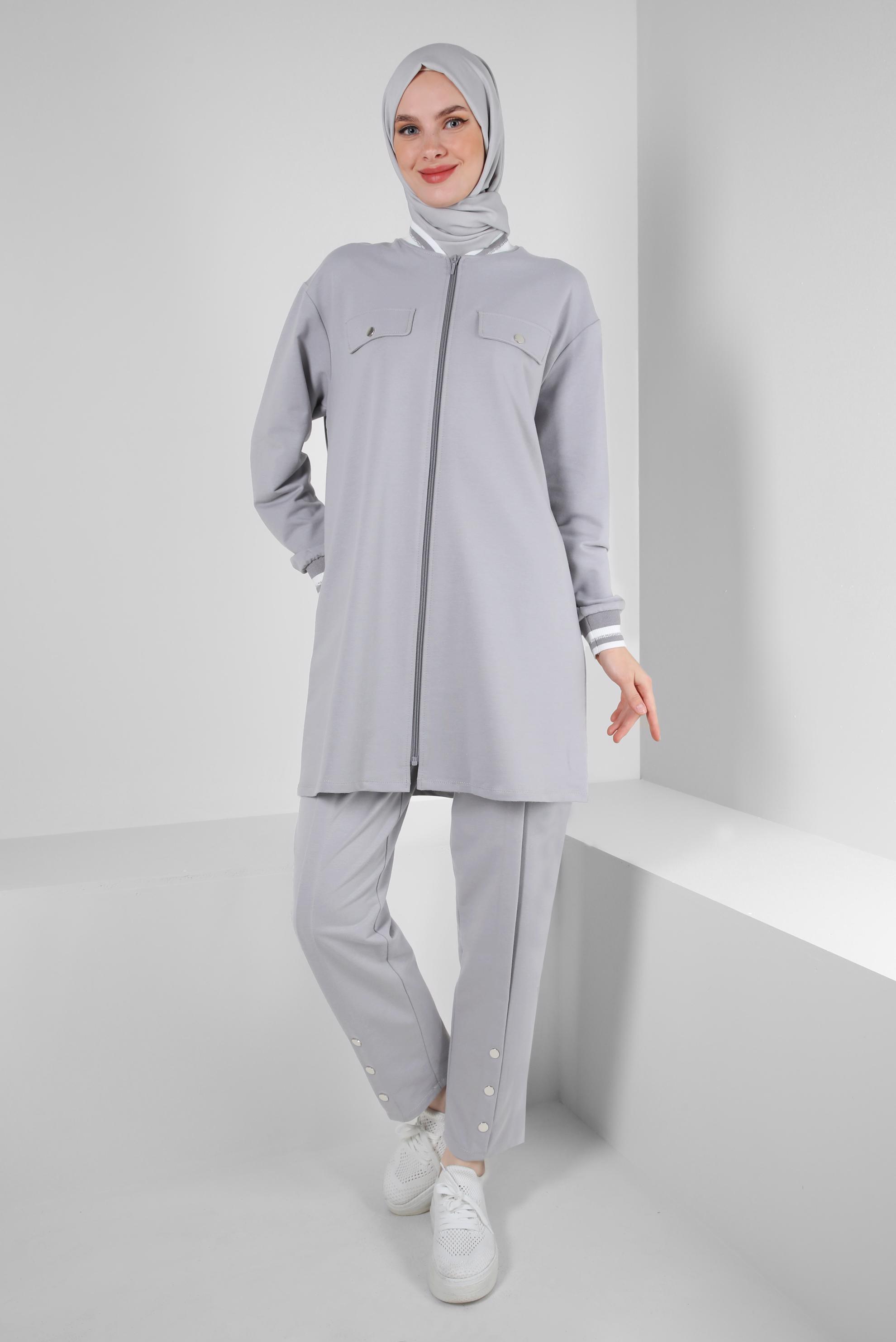 Tesettür giyim GRİ MANŞETLERİ LASTİKLİ İKİLİ EŞOFMAN TAKIM 43787