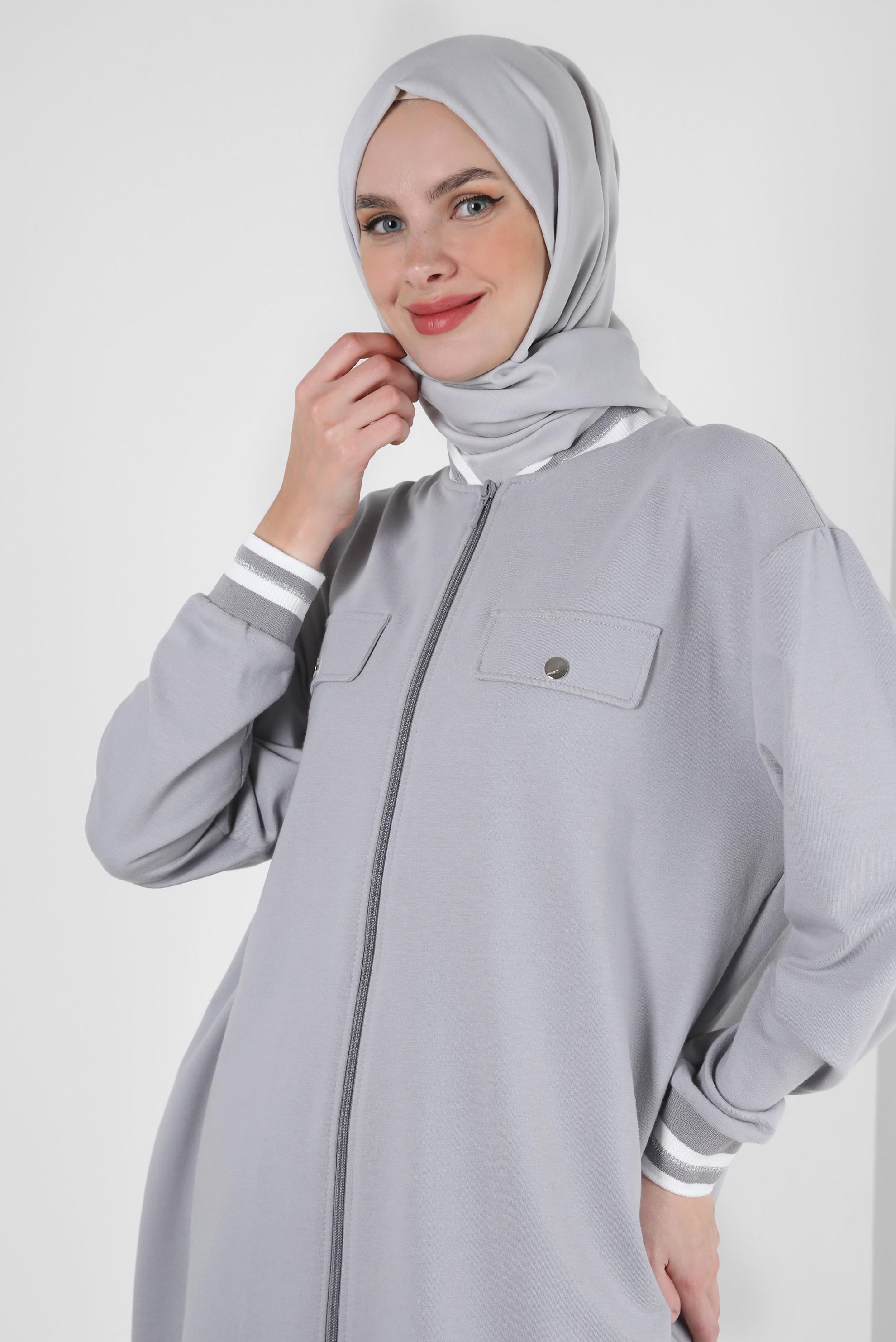 Tesettür giyim GRİ MANŞETLERİ LASTİKLİ İKİLİ EŞOFMAN TAKIM 43787