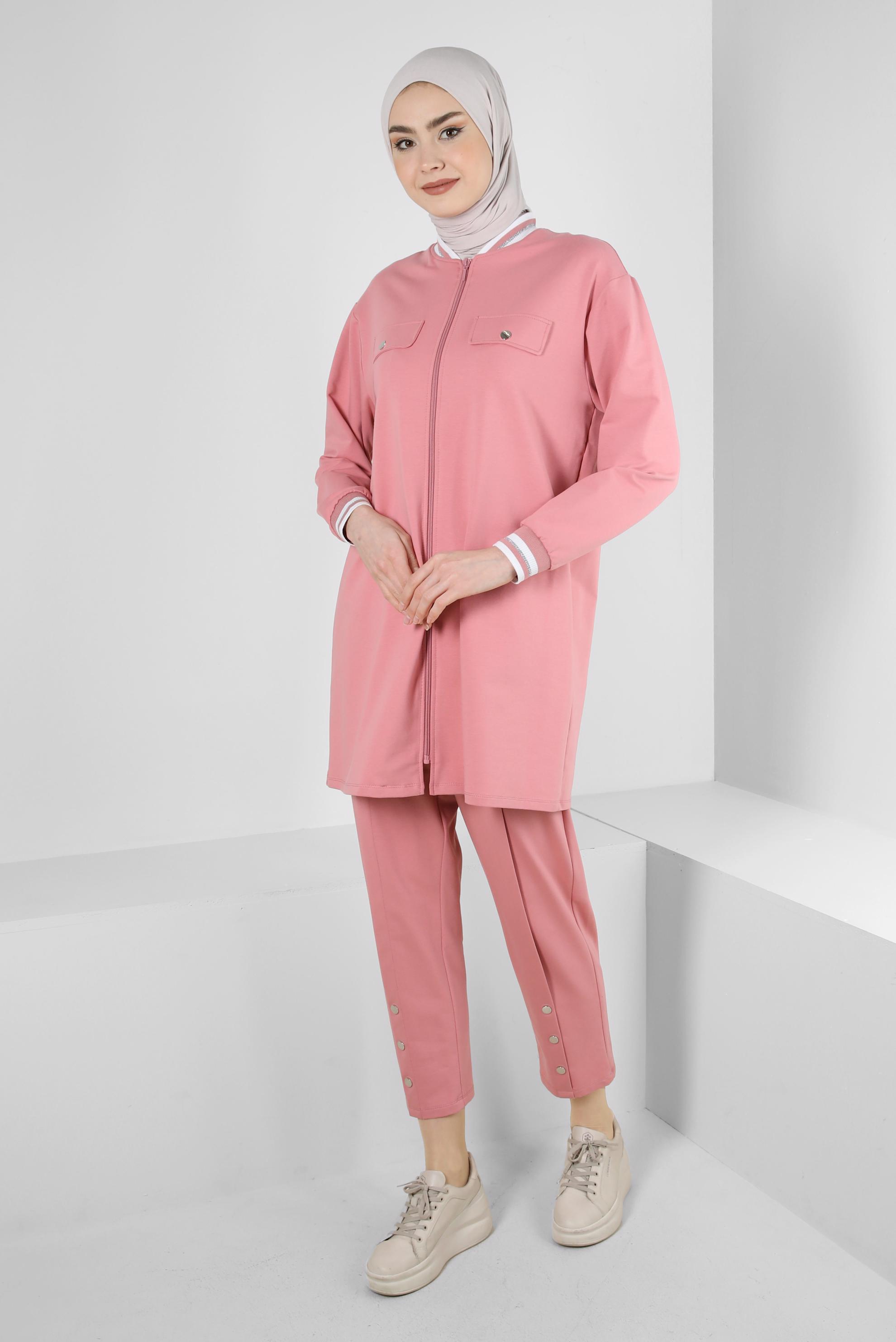 Tesettür giyim PEMBE MANŞETLERİ LASTİKLİ İKİLİ EŞOFMAN TAKIM 43787