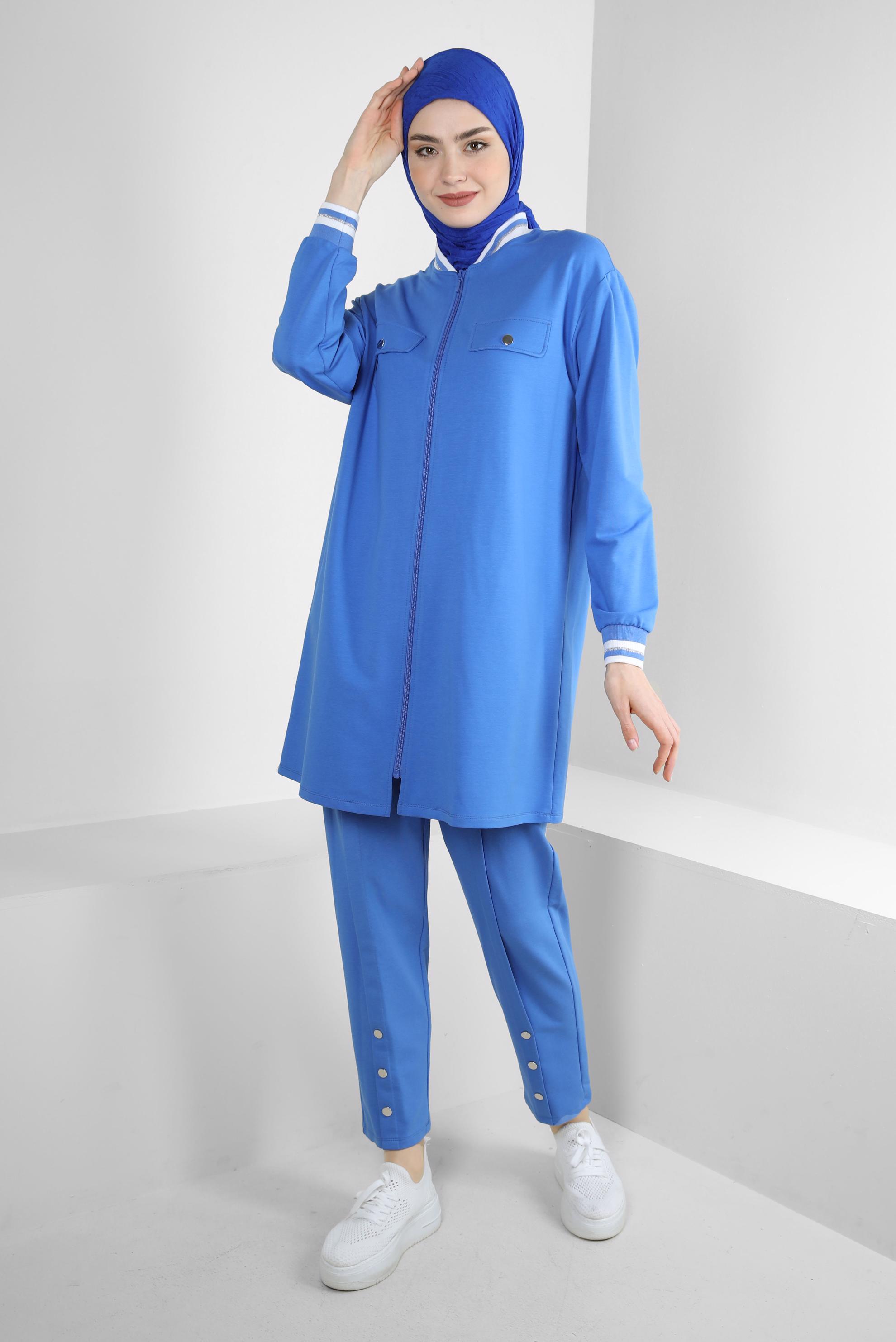 Tesettür giyim MAVİ MANŞETLERİ LASTİKLİ İKİLİ EŞOFMAN TAKIM 43787