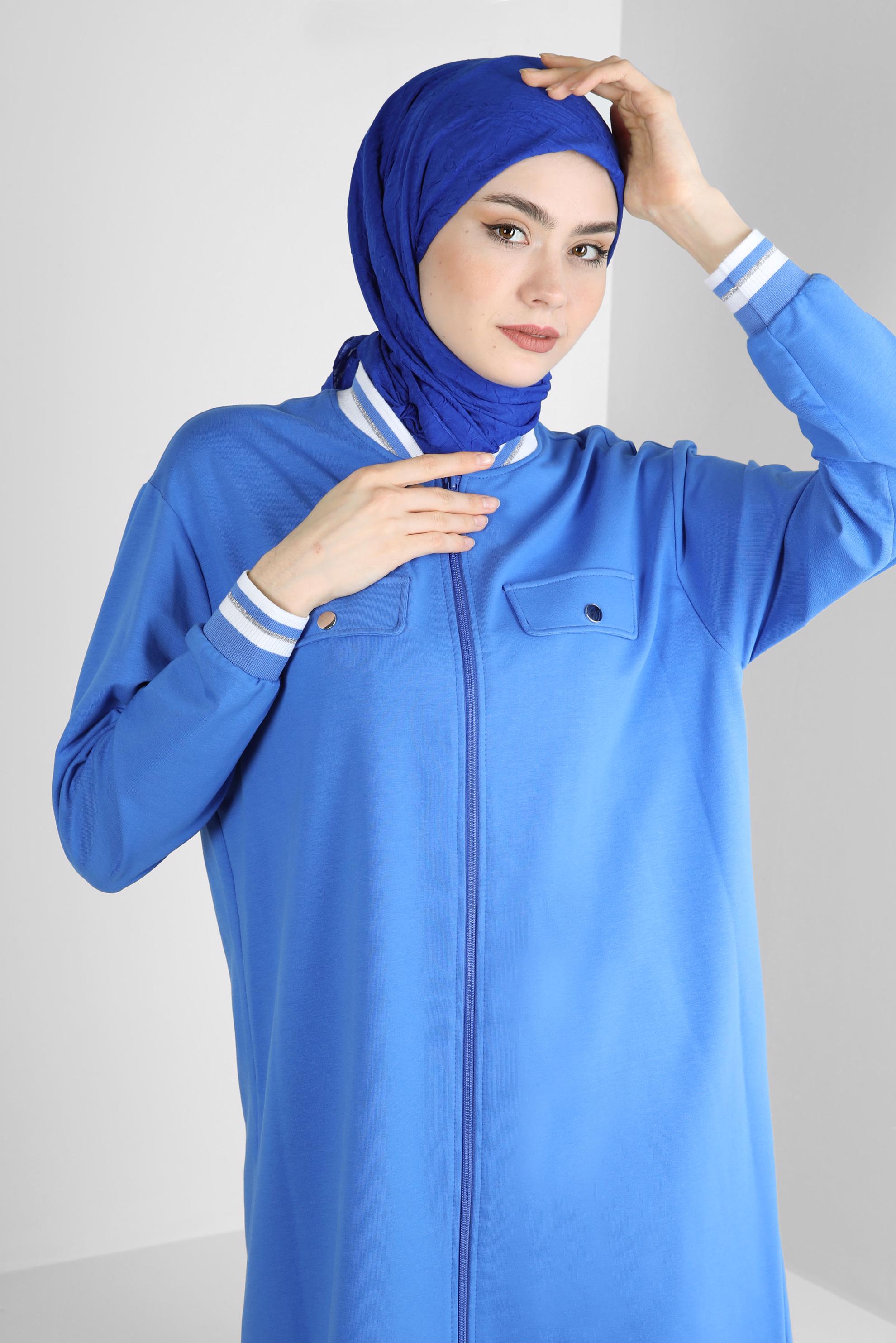 Tesettür giyim MAVİ MANŞETLERİ LASTİKLİ İKİLİ EŞOFMAN TAKIM 43787