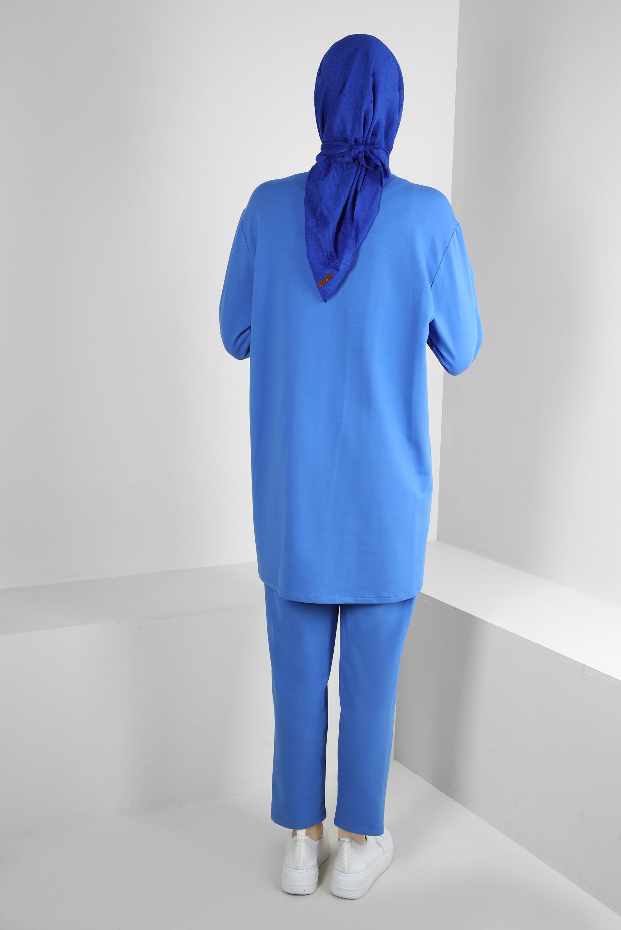 Tesettür giyim MAVİ MANŞETLERİ LASTİKLİ İKİLİ EŞOFMAN TAKIM 43787