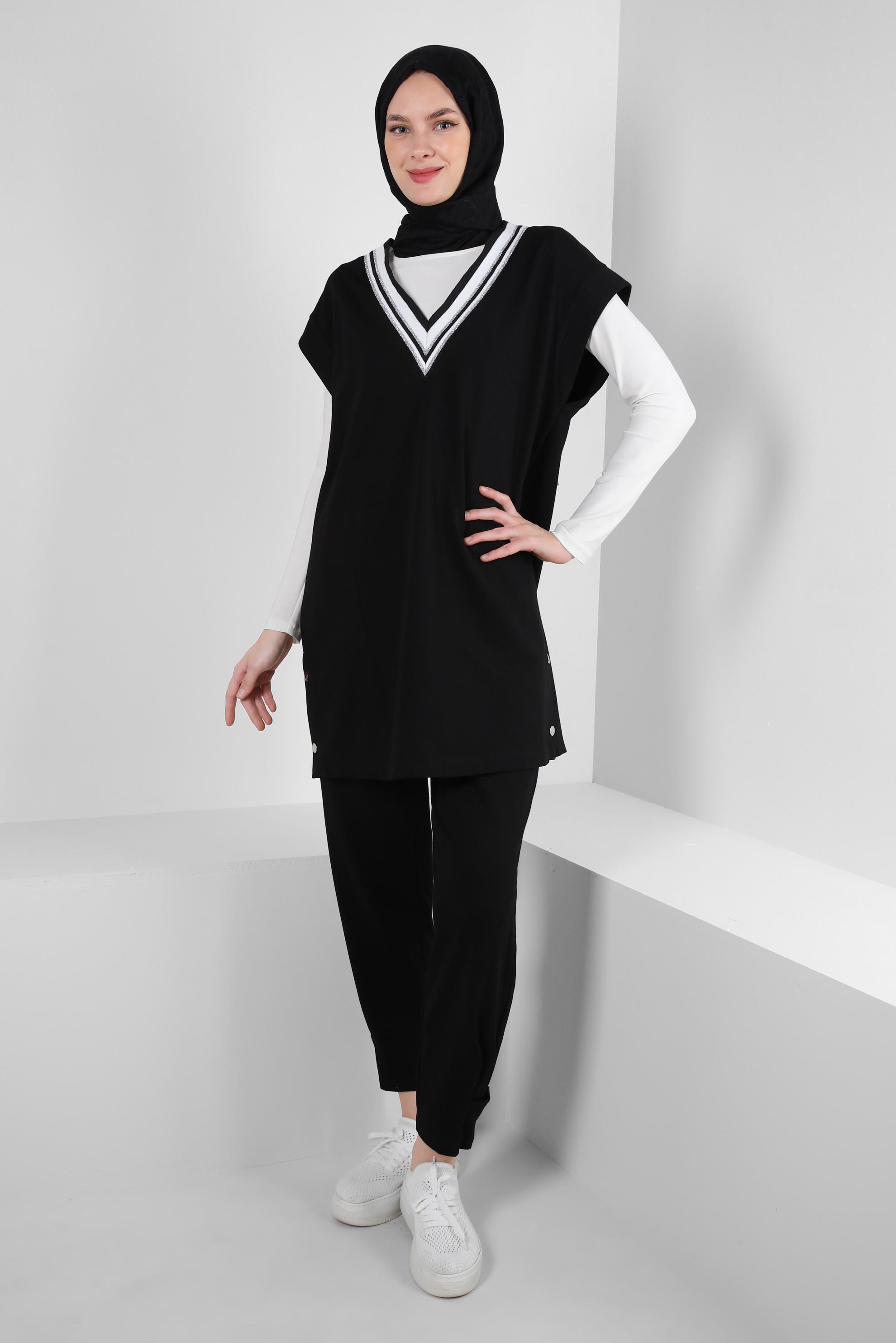 Tesettür giyim SİYAH ŞERİT DETAYLI SÜVETERLİ EŞOFMAN TAKIM 43805