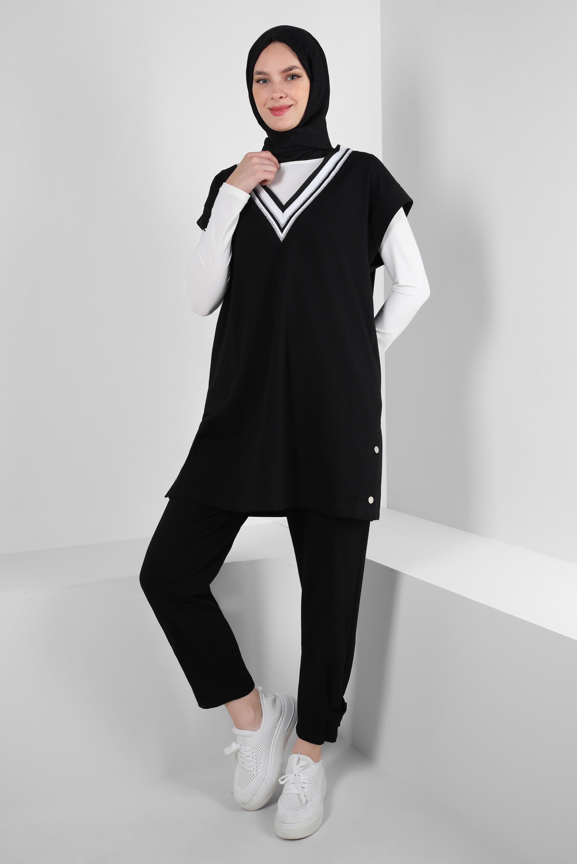 Tesettür giyim SİYAH ŞERİT DETAYLI SÜVETERLİ EŞOFMAN TAKIM 43805