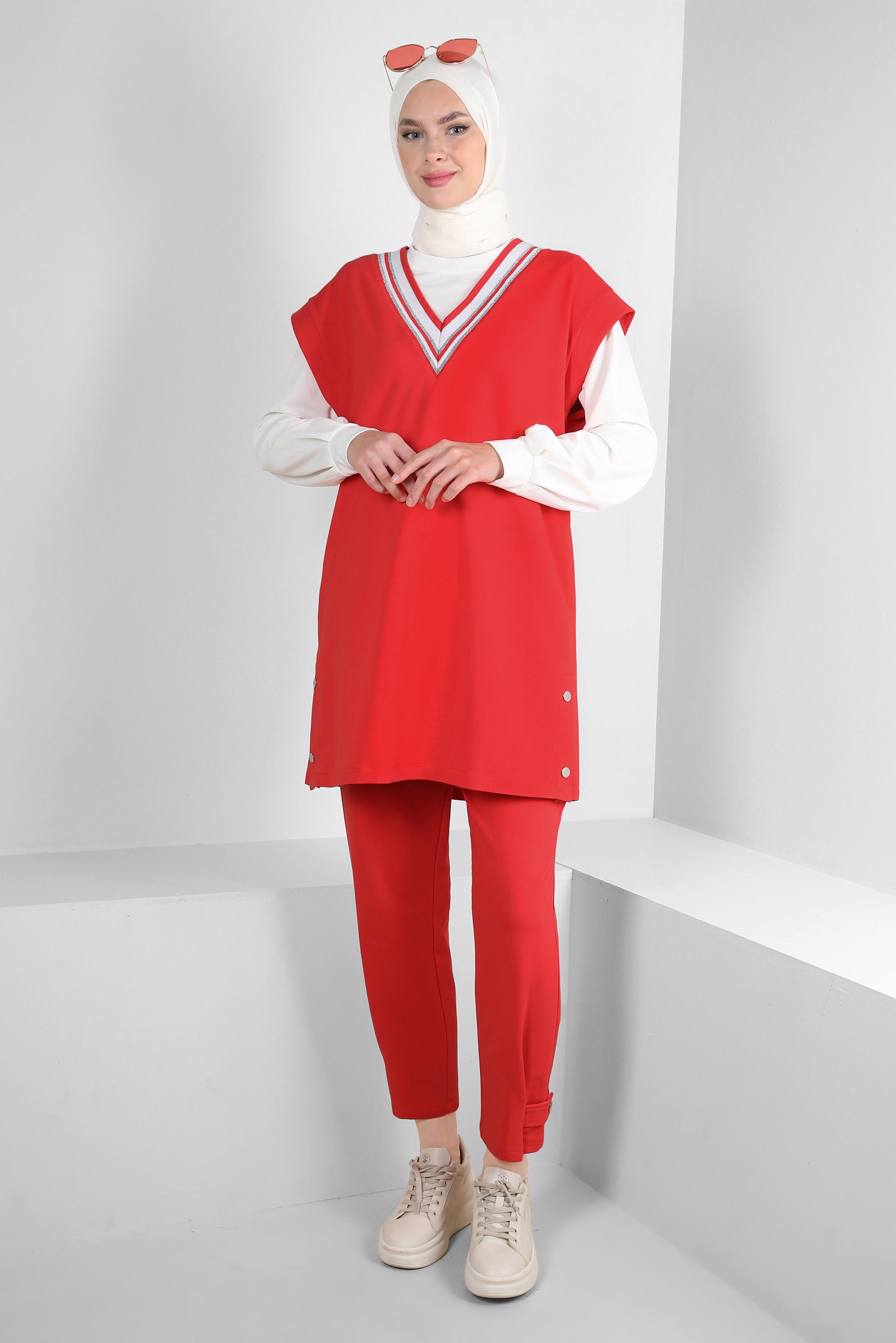 Hijab clothing RED STRIPED TRACKSUIT SET WITH SWEATER 43805