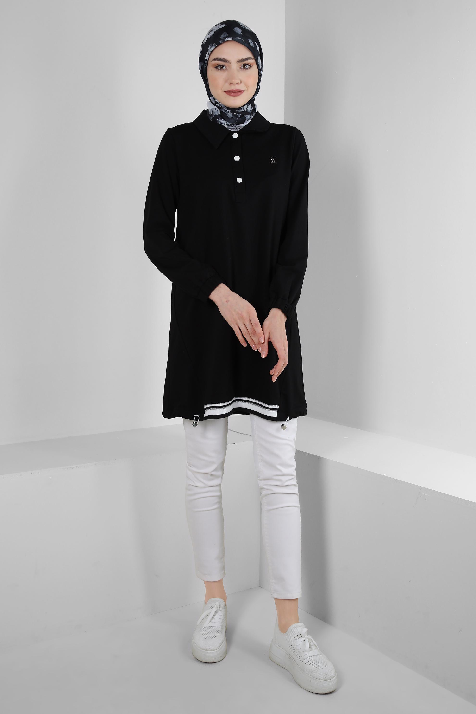 Tesettür giyim SİYAH POLO YAKA DÜĞMELİ EŞOFMAN TUNİK 43844