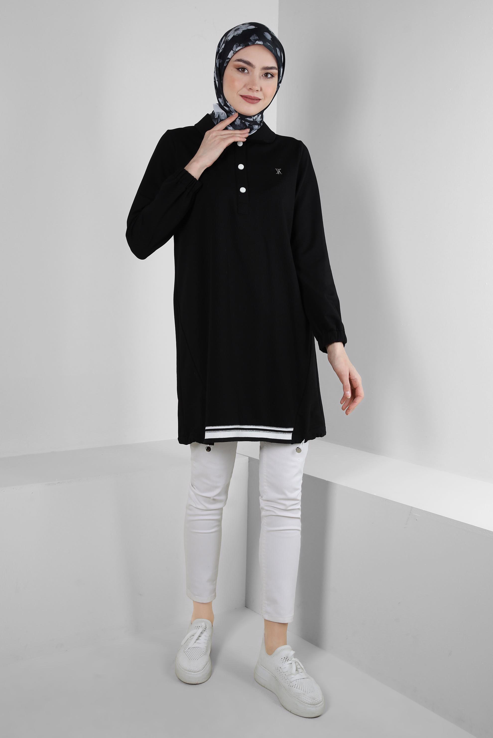 Tesettür giyim SİYAH POLO YAKA DÜĞMELİ EŞOFMAN TUNİK 43844
