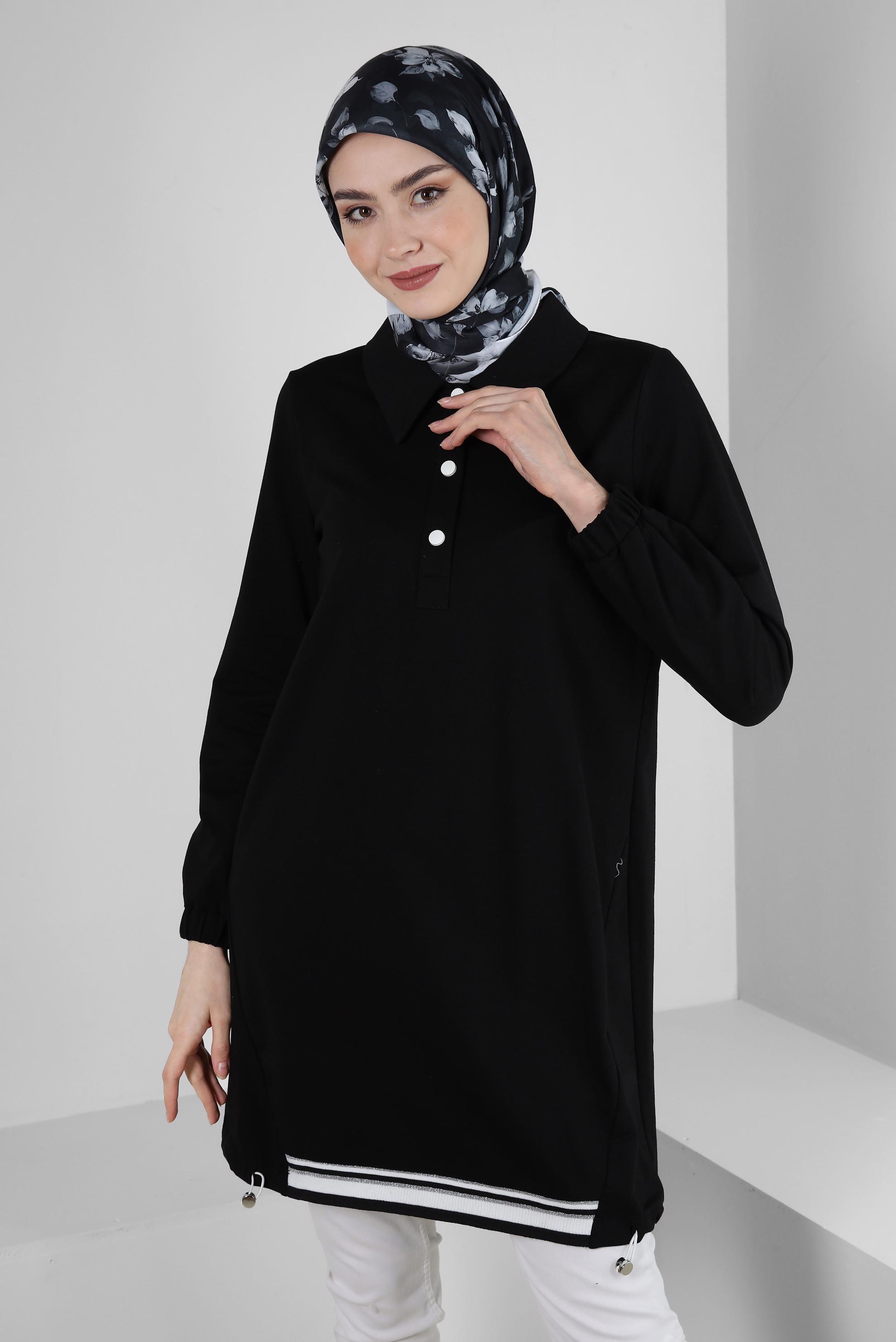 Tesettür giyim SİYAH POLO YAKA DÜĞMELİ EŞOFMAN TUNİK 43844