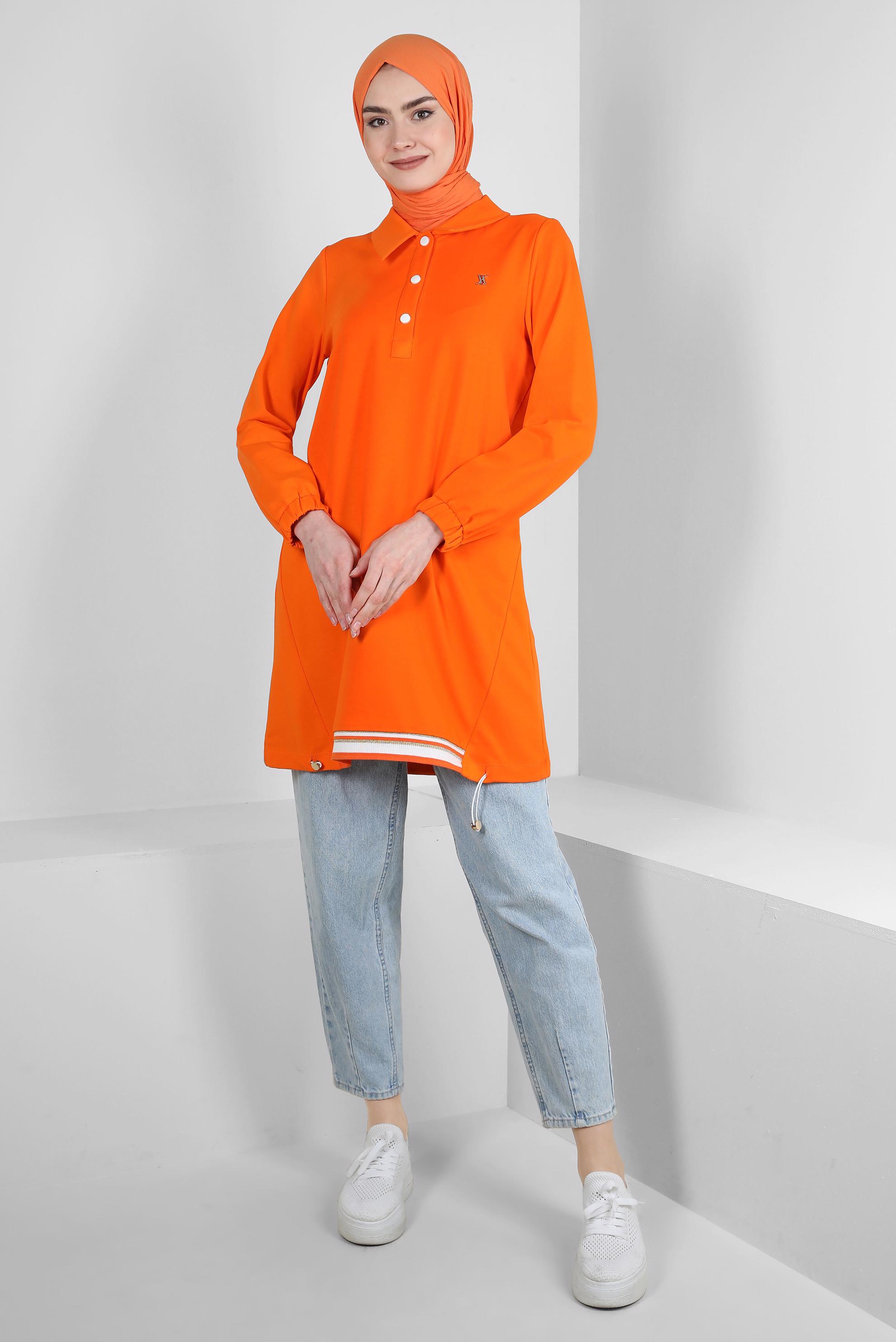 Tesettür giyim TURUNCU POLO YAKA DÜĞMELİ EŞOFMAN TUNİK 43844