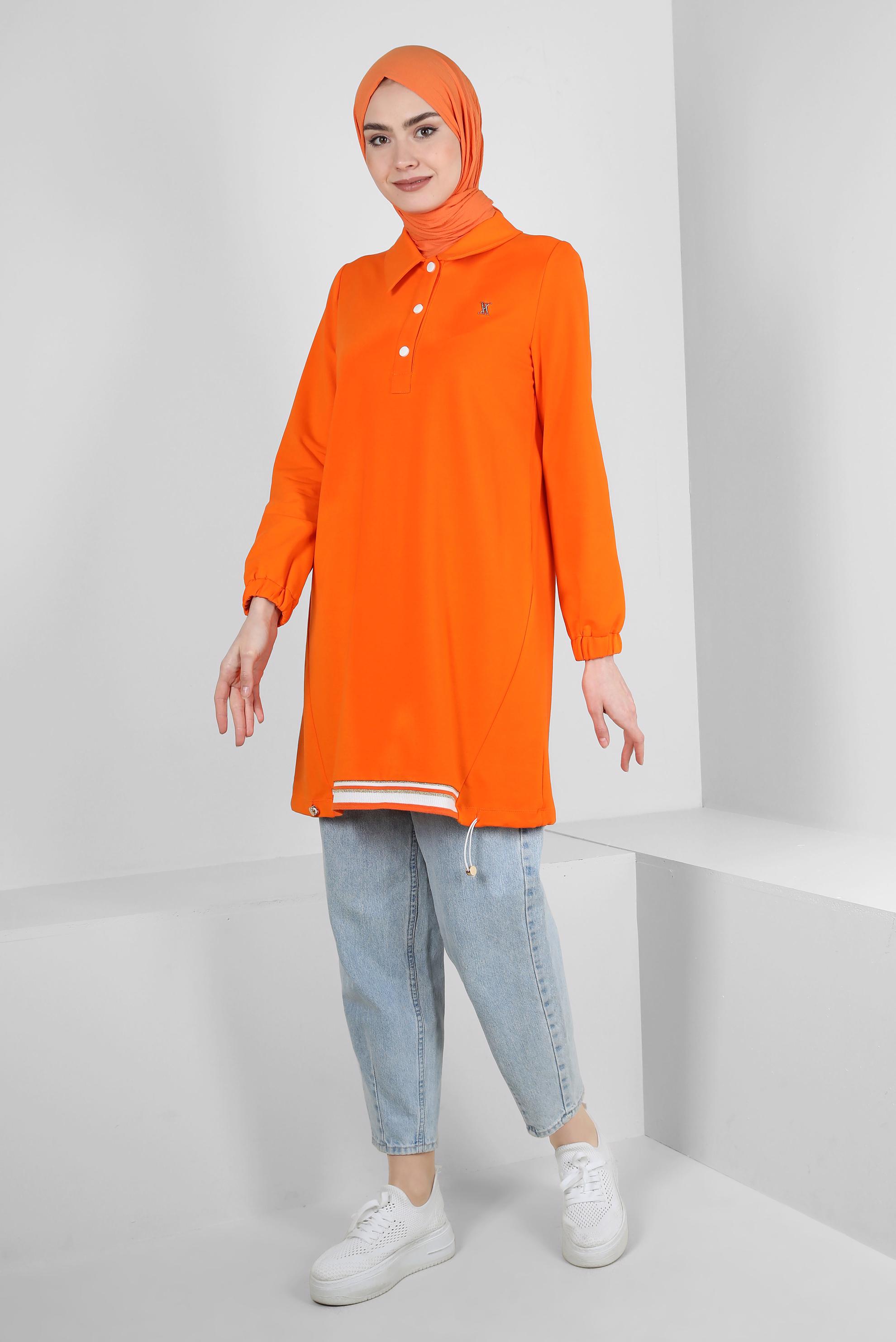 Tesettür giyim TURUNCU POLO YAKA DÜĞMELİ EŞOFMAN TUNİK 43844