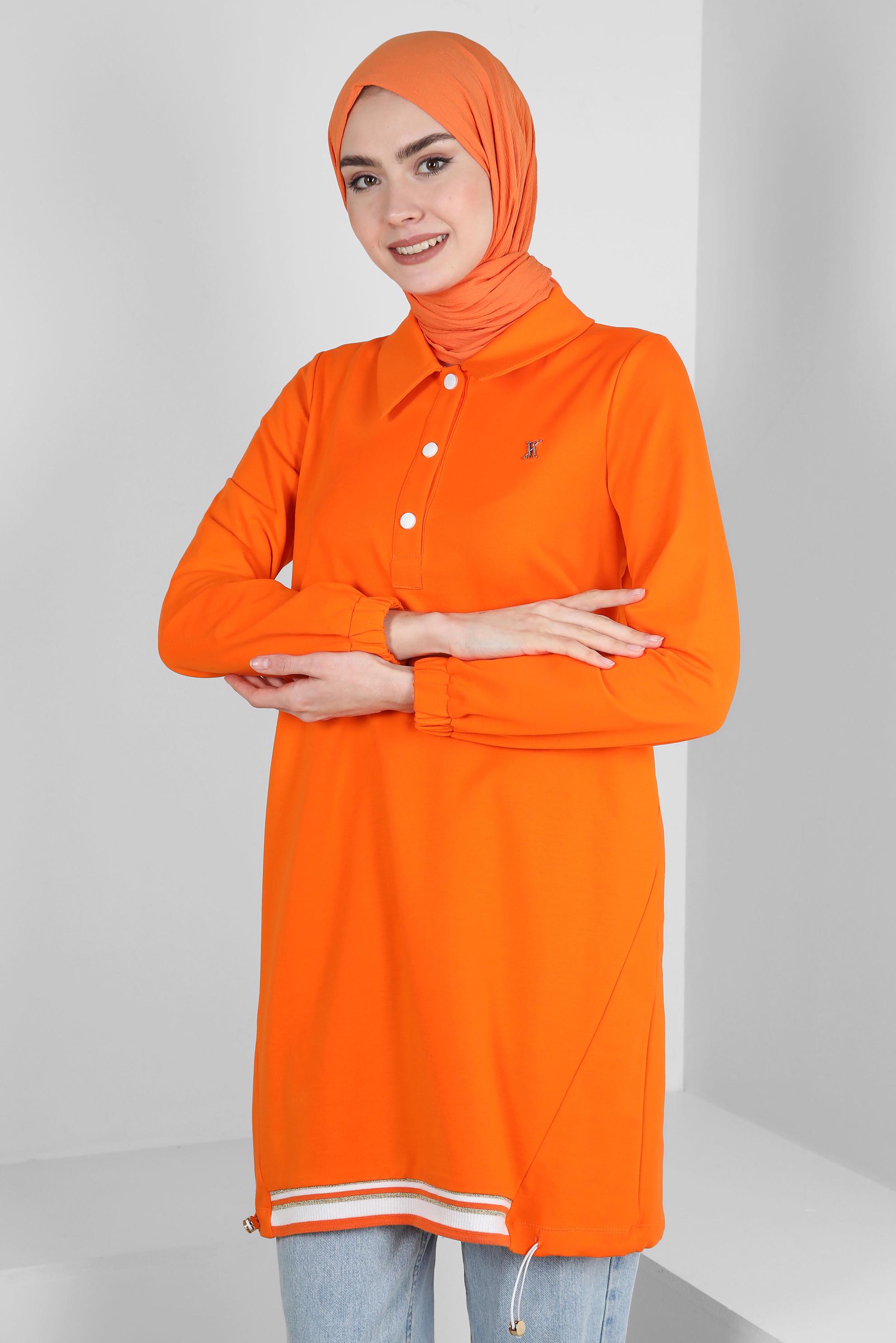 Tesettür giyim TURUNCU POLO YAKA DÜĞMELİ EŞOFMAN TUNİK 43844