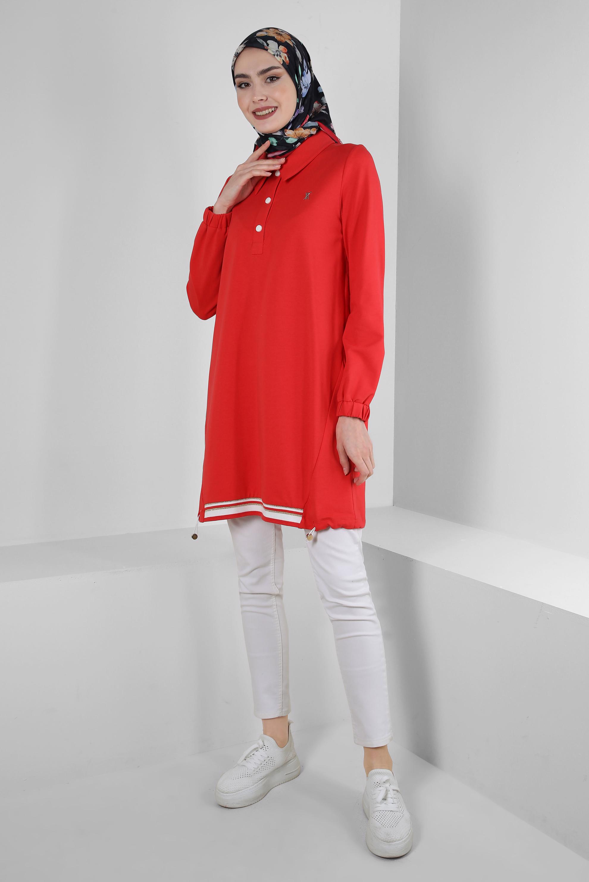Tesettür giyim KIRMIZI POLO YAKA DÜĞMELİ EŞOFMAN TUNİK 43844