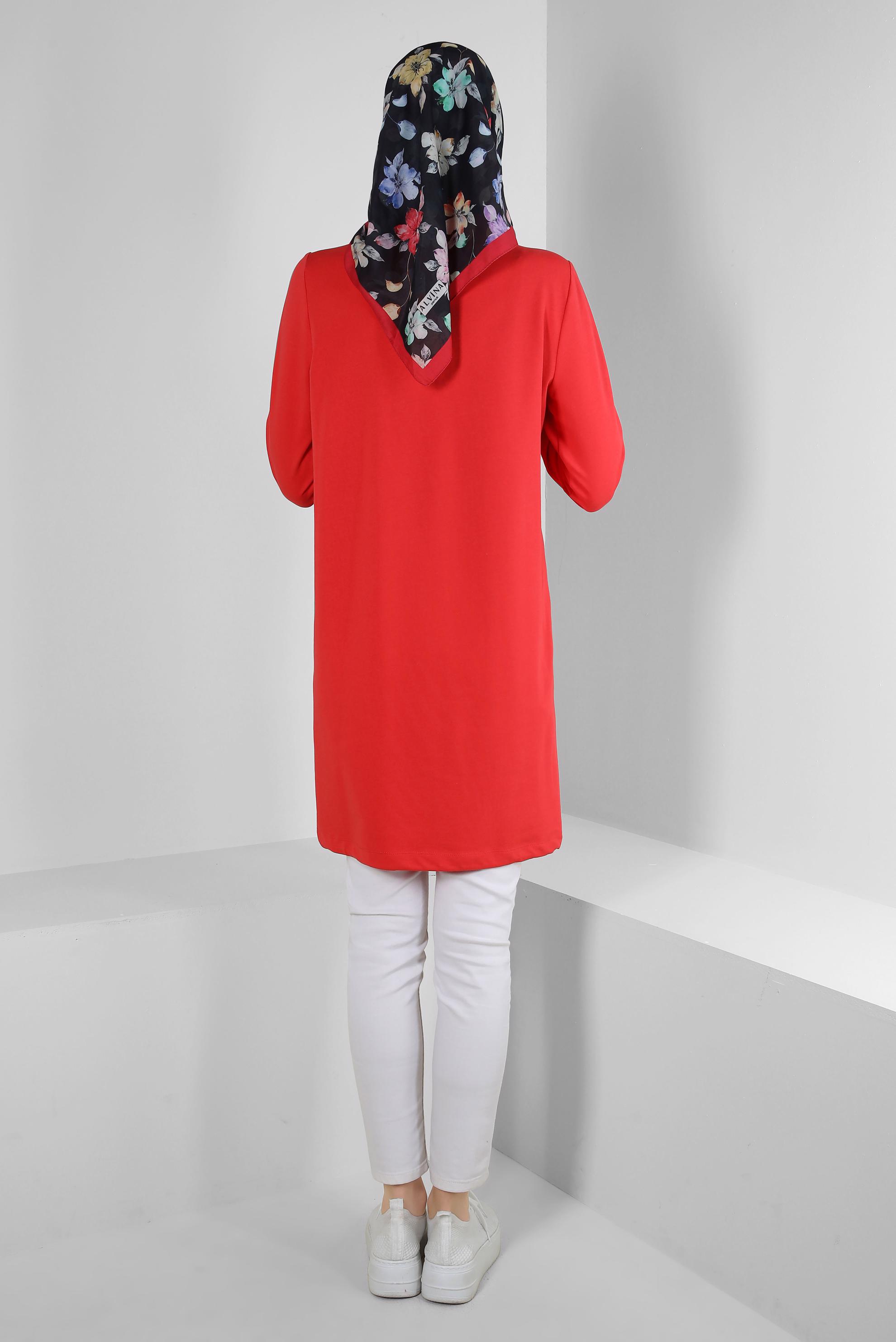 Tesettür giyim KIRMIZI POLO YAKA DÜĞMELİ EŞOFMAN TUNİK 43844